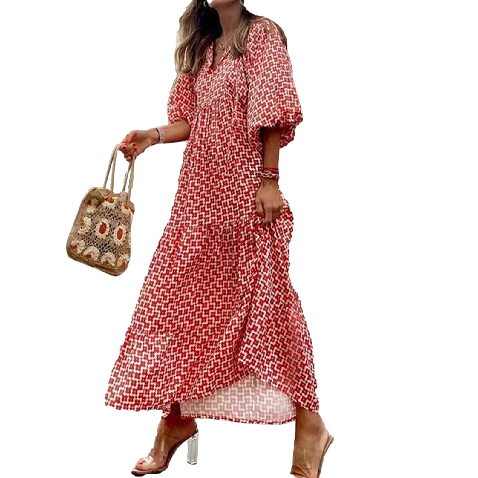 Women's Floral Puff Sleeve Maxi Dress - Bohemian V-Neck Tiered Long Sundress for Summer | Casual Beach Wedding, Vacation, Outdoor Party Dress