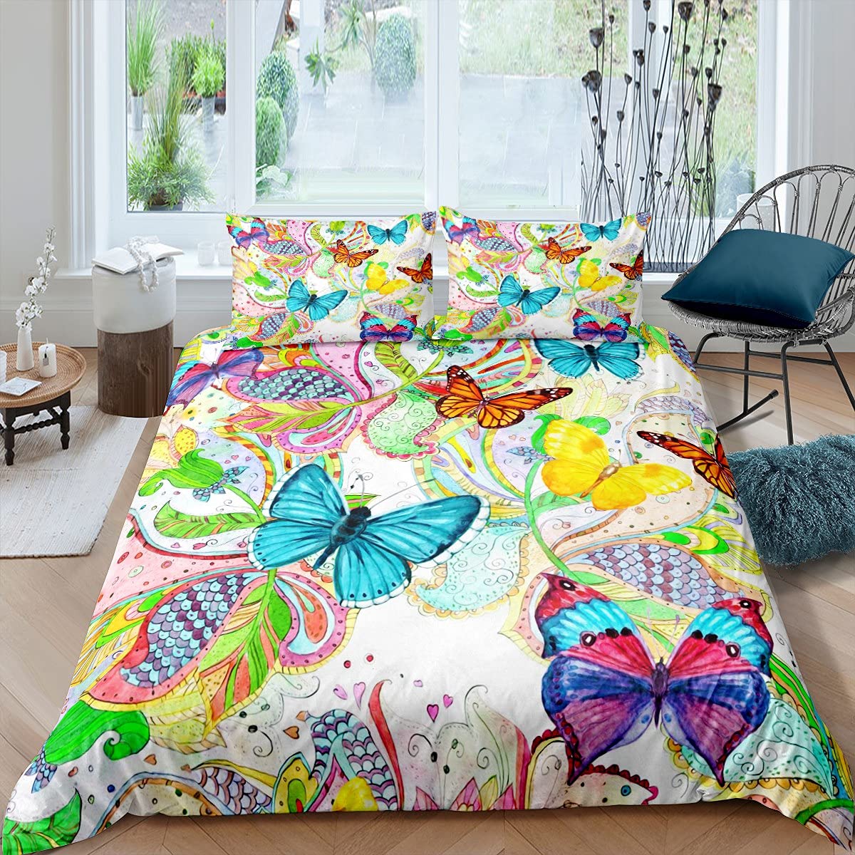 Erosebridal Yellow Butterfly Duvet Cover Set - Watercolor Butterflies & Crayon Drawing Comforter Cover - Floral Twin Size Bedding for Girls & Kids - Kawaii Room Decor for Children's Bedroom, Nursery, or Playroom