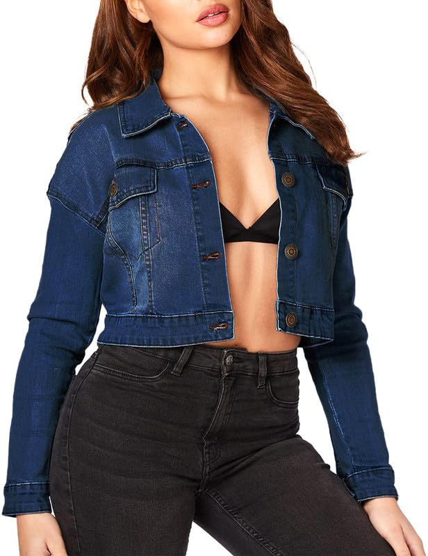 2025 Women's Cropped Denim Jacket - Stretchy Fitted Lightweight Jean Shacket with 2 Pockets | Trendy Short Jacket for Spring & Fall Outfits, Casual Wear & Street Style Fashion