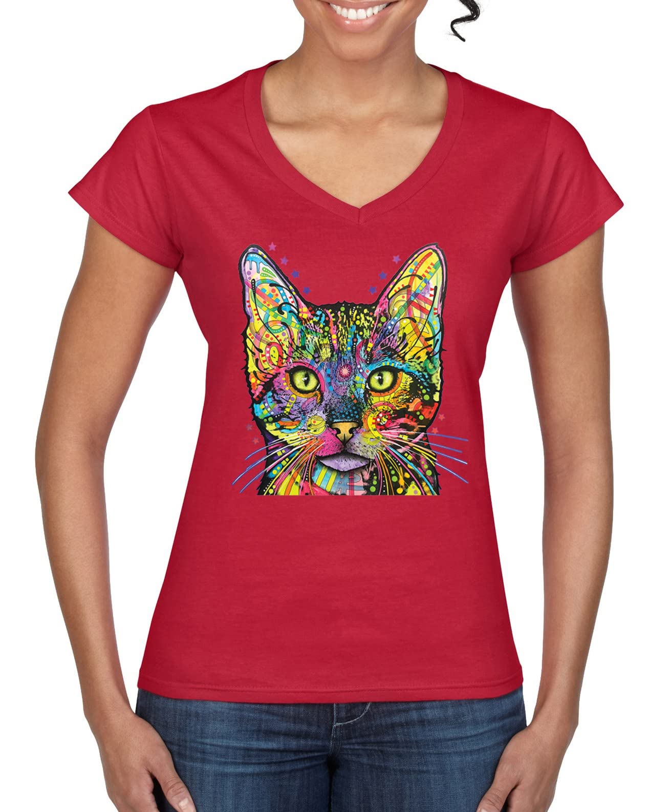 Dean Russo Art Cat Lover Women's V-Neck T-Shirt | Colorful Cat Print | Cat Mom & Dad Gift | Casual Wear & Cat-Themed Events