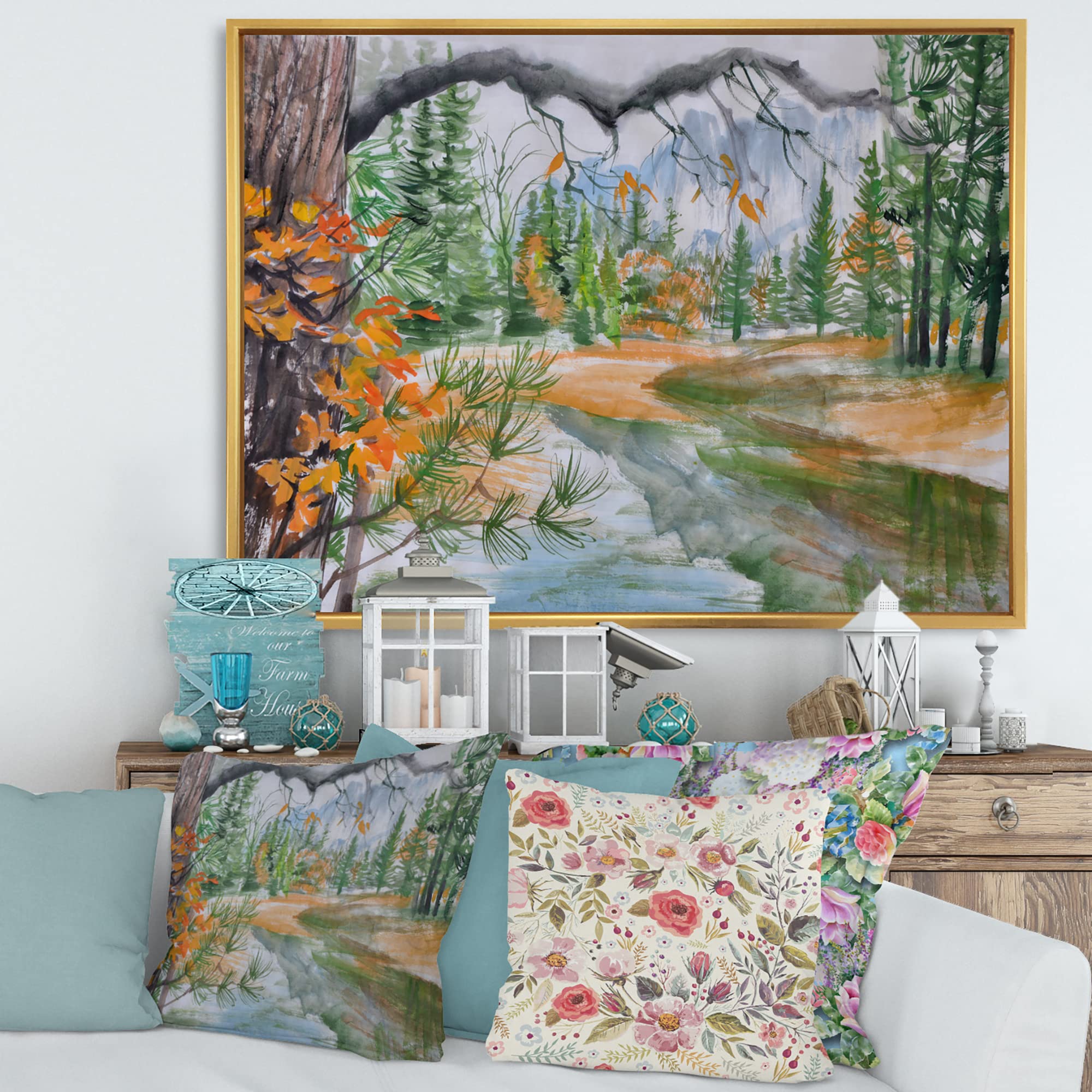 DesignQ Autumn Forest River with Trees - Framed Canvas Wall Art Print for Lake House Decor, Living Room, Bedroom & Office