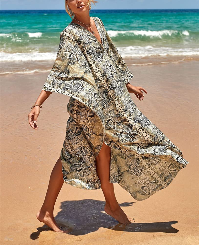 Women's V-Neck Kaftan Robe - Floral Ethnic Print Beach Cover Up Dress - Plus Size Bathing Suit Cover Up for Pool, Beach & Vacation Wear