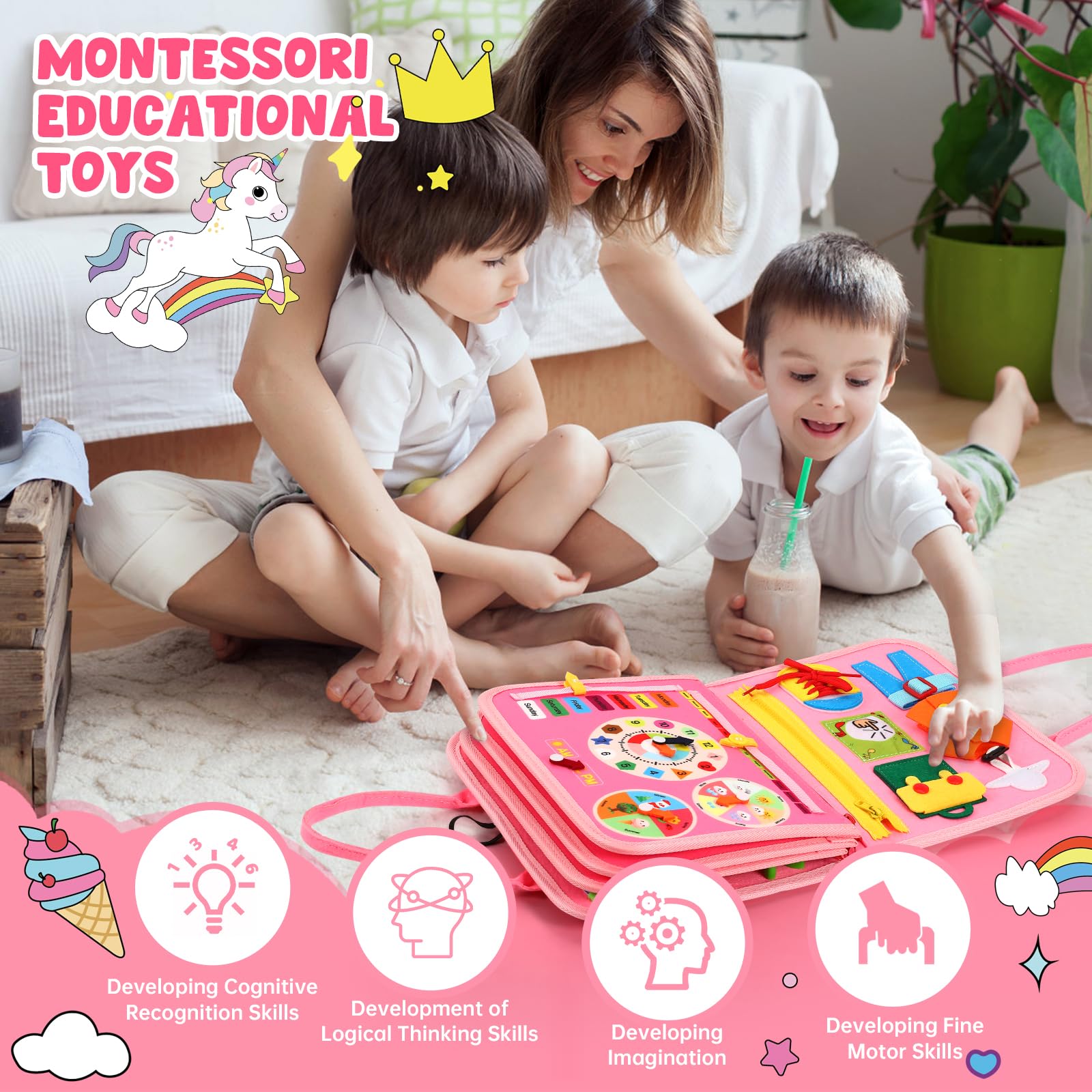 **Montessori Busy Board for Toddlers 1-3 Years - Sensory Educational Toys for Boys & Girls - Preschool Learning Activities, Travel Essentials for Airplane & Car Rides - Perfect Gift for 2-4 Year Olds**