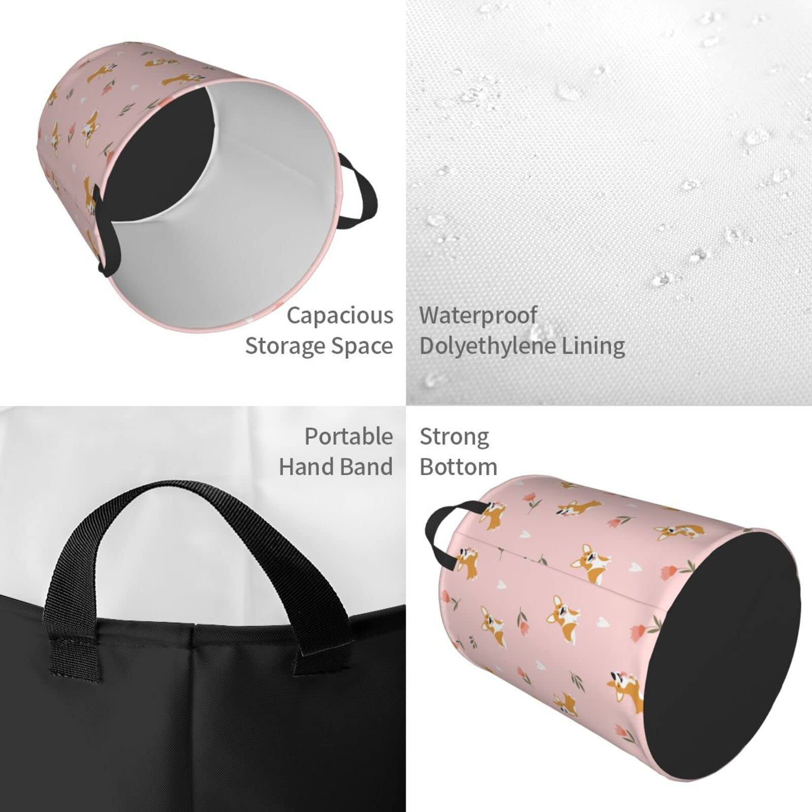 Little Corgi Dogs Floral Collapsible Laundry Basket with Handle - Waterproof Fabric Hamper Organizer for Dirty Clothes, Toys & Bathroom Storage - Perfect for Home, Dorm, Nursery & Laundry Room Organization