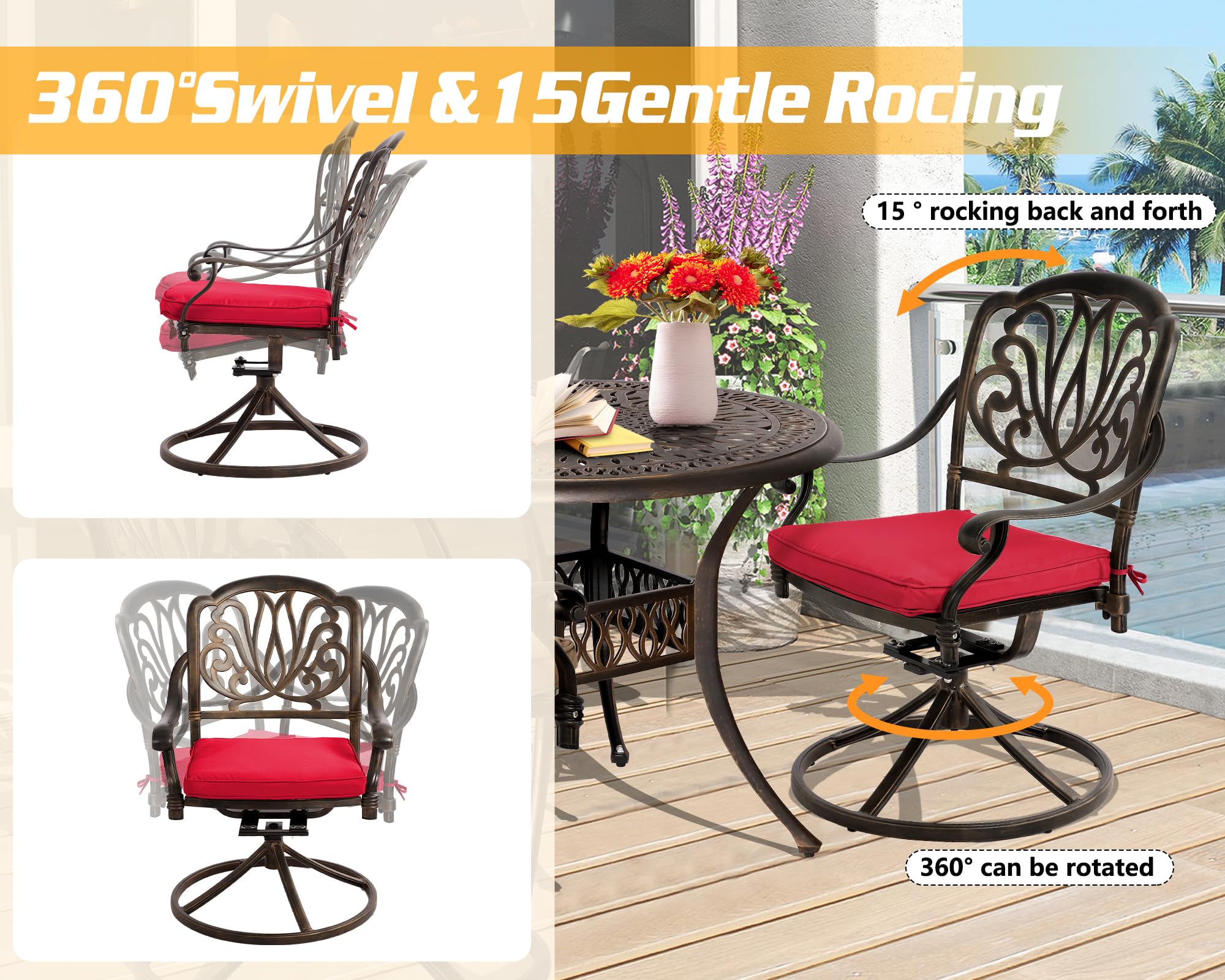 TITIMO 2-Piece Outdoor Patio Dining Chair Set - Cast Aluminum Bistro Swivel Rocker Chairs with Cushions for Garden, Deck, Poolside - Antique Bronze & Khaki (Red) - Perfect for Backyard, Balcony, and Outdoor Entertaining