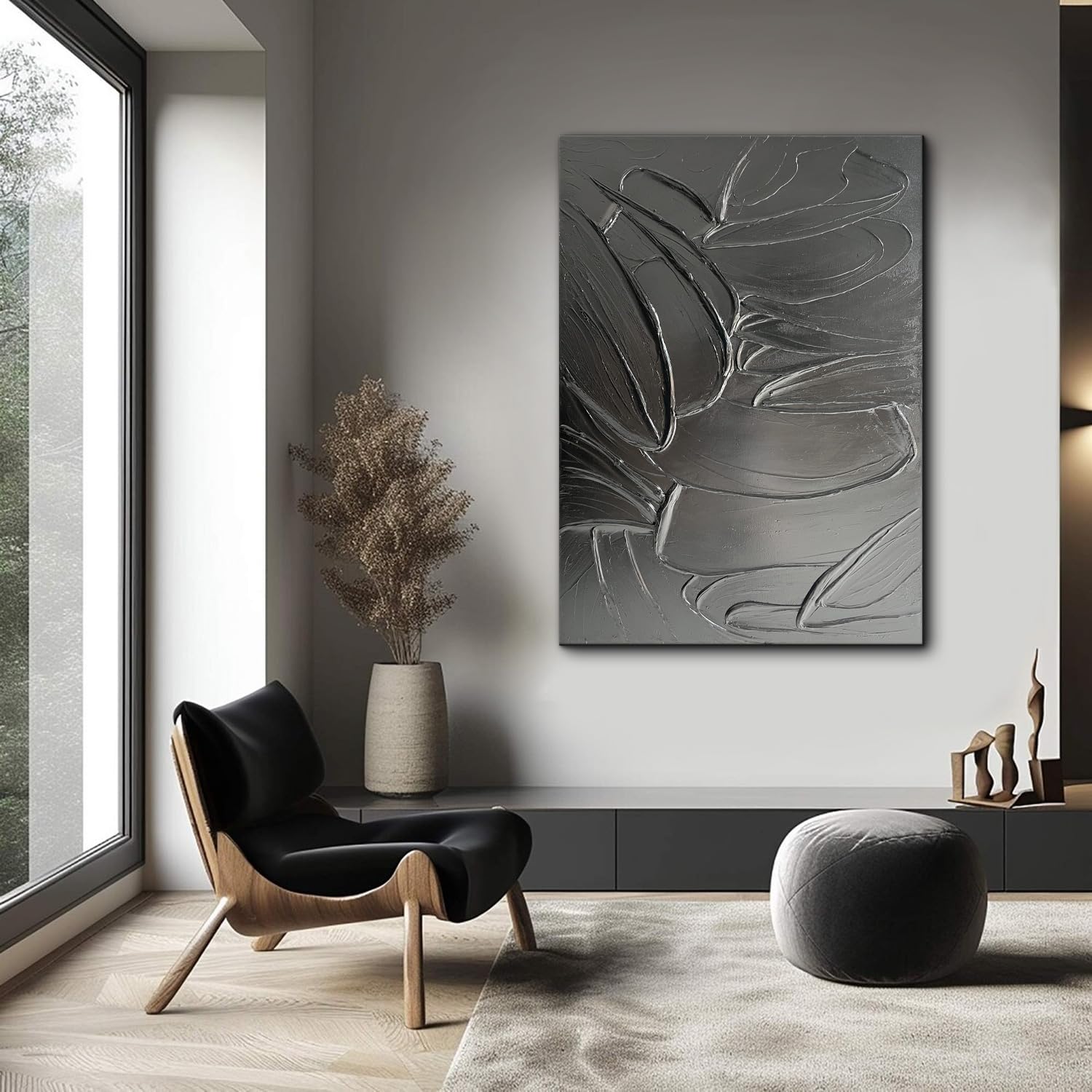 Hand-Painted Thick Texture Black Canvas Wall Art - Modern Minimalist Abstract Oil Painting for Home & Office Decor (28x40 Inches) - Perfect for Living Room, Bedroom or Gallery Wall Display