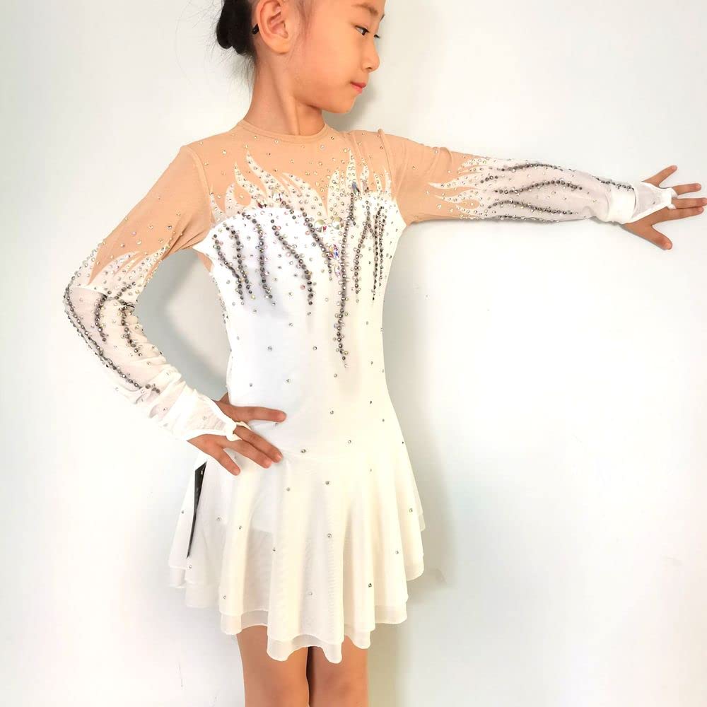 LIUHUO White Printed Figure Skating Dress with Full Drill Mesh for Girls - Performance, Competition & Training Outfit - Perfect for Ice Shows, Recitals & Dance Practice