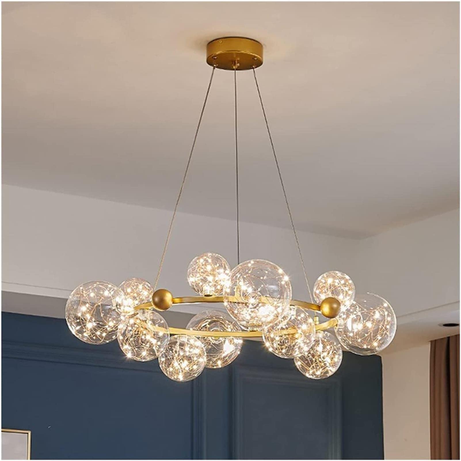 Modern Gold/Black LED Chandelier with Clear Glass Bubbles - Star Light Fixture for Living Room, Dining Room, Bedroom - Warm White Lighting - Elegant Home Decor for Parties & Romantic Dinners (B-15 Bubbles)
