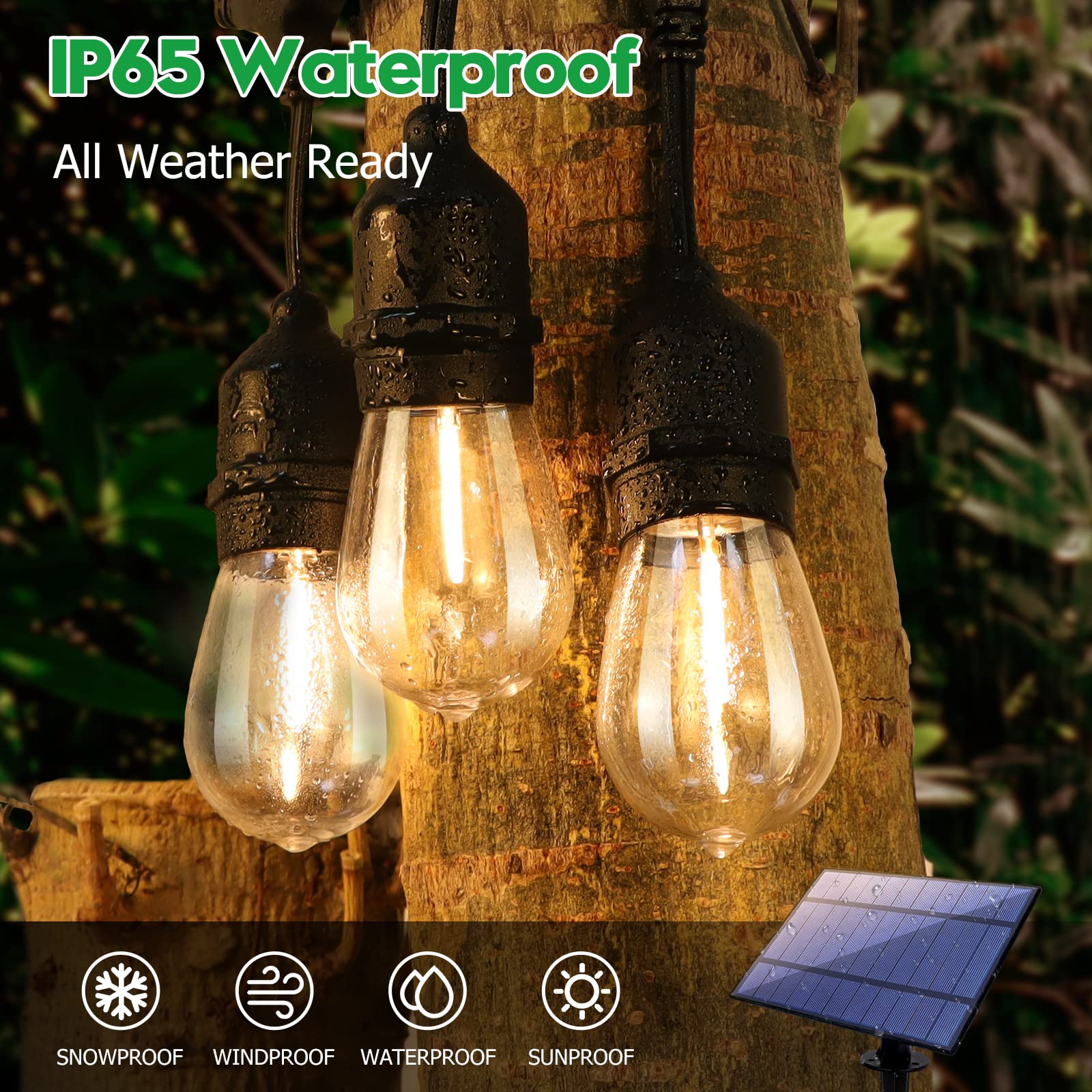 35FT Solar String Lights Outdoor Waterproof - Commercial Grade IP65 LED Solar Powered Patio Lights with S14 Shatterproof Sockets - Perfect for Garden, Backyard, Wedding, Party, and Holiday Decorations