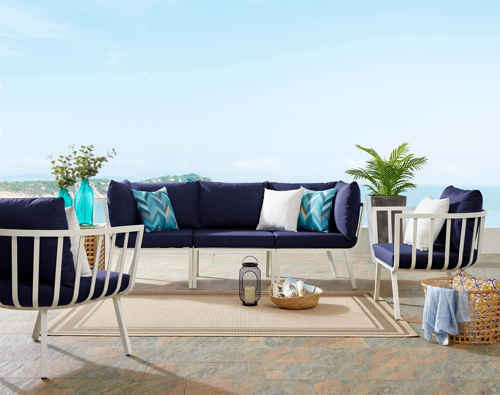 Modway Riverside 4-Piece Outdoor Patio Dining Set - White & Navy Aluminum Furniture with Table & Chairs (114