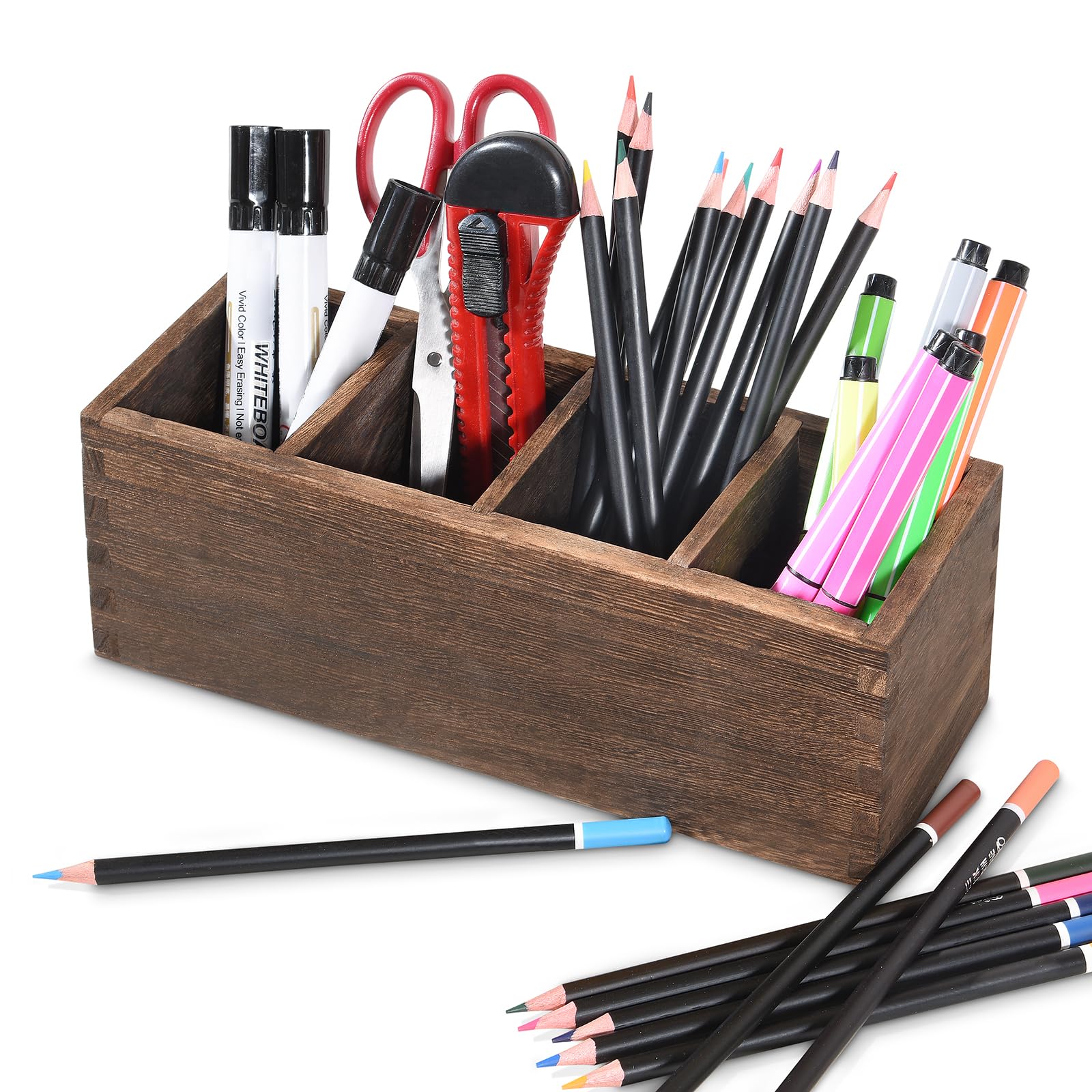 ALL Music-Box Wooden Pencil Holder for Desk - 4-Compartment Wood Pen Organizer | Multi-Functional Office Desk Organizer for Pens, Pencils & Remote Controls | Perfect for Home Office, School & Workspace Organization