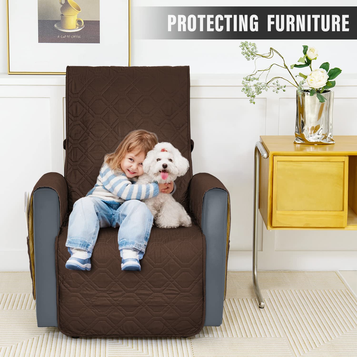Non-Slip Recliner Chair Cover - Machine Washable Sofa Slipcover with Straps for Dogs | Furniture Protector (Brown, Fits 23-inch Recliner) | Perfect for Pet Owners & Living Room Protection