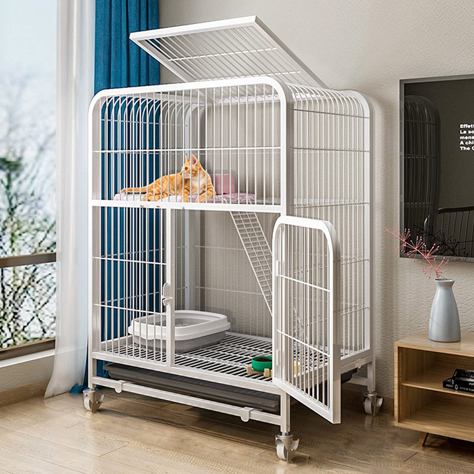 QJM Outdoor Cat Cage Playpen - Metal Cat Kitten Cage with Scratching Post & Free Hammock, Portable Small Animal Hutch on Wheels for Indoor/Outdoor Use - Perfect for Playtime, Travel & Vet Visits