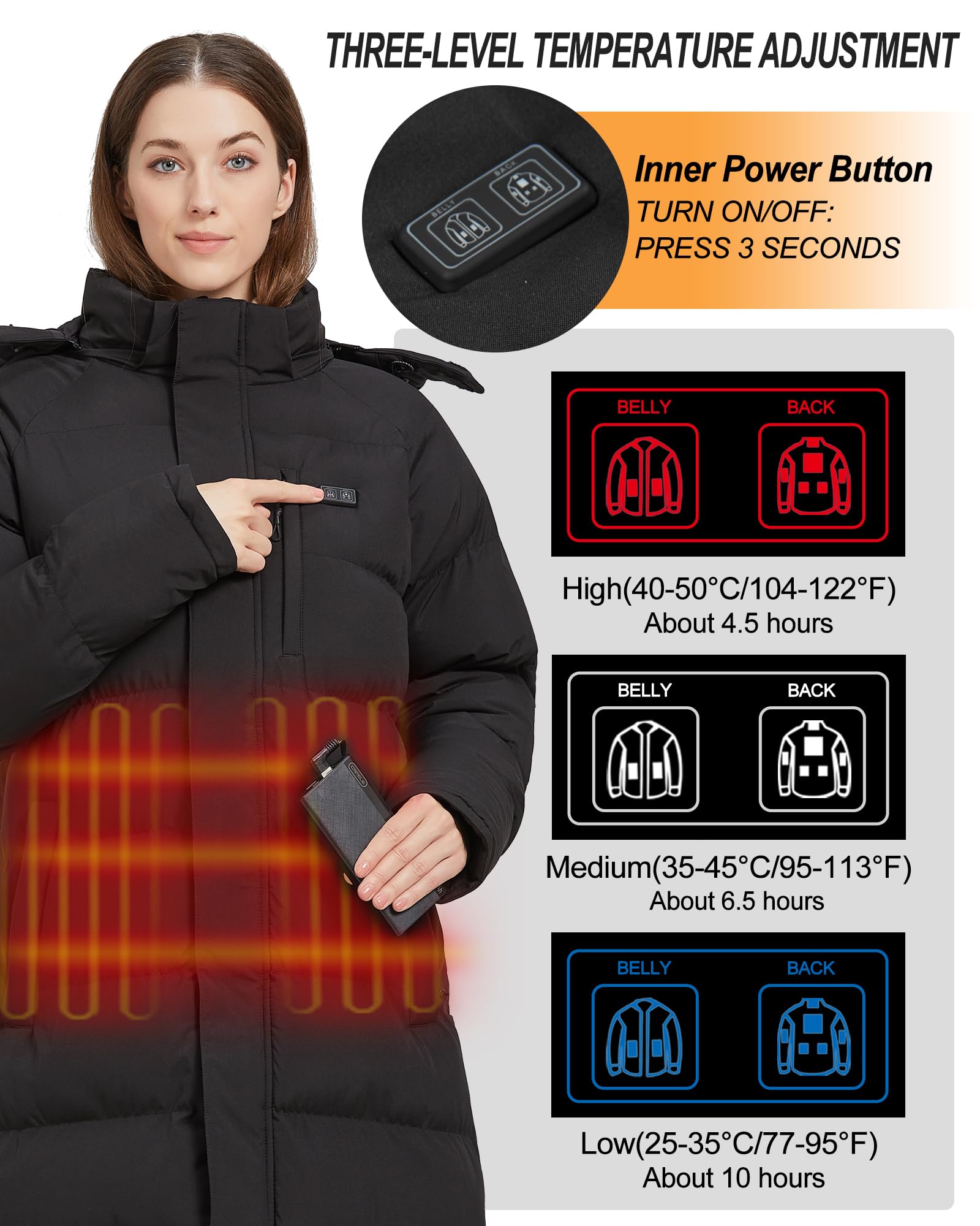 Women's Heated Long Jacket with Rechargeable Battery Pack - Winter Warm Coat for Women - Perfect for Outdoor Activities, Commuting & Cold Weather Fashion