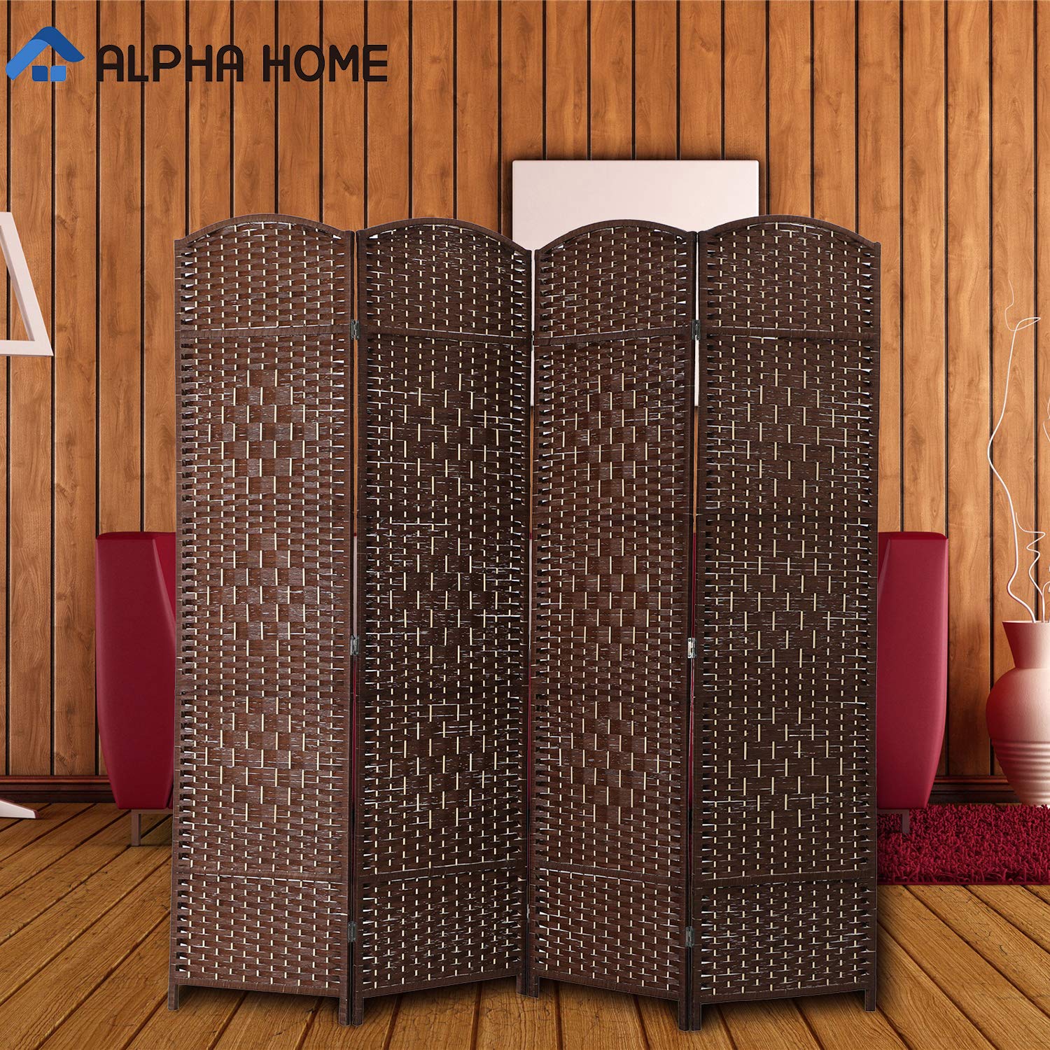 ALPHA HOME 6FT Woven Room Divider - 4 Panel Portable Folding Privacy Screen with Double Hinges, Freestanding Shoji Style Partition for Living Room, Hall, Parlor - Blackout Blinds for Home Office & Bedroom Privacy