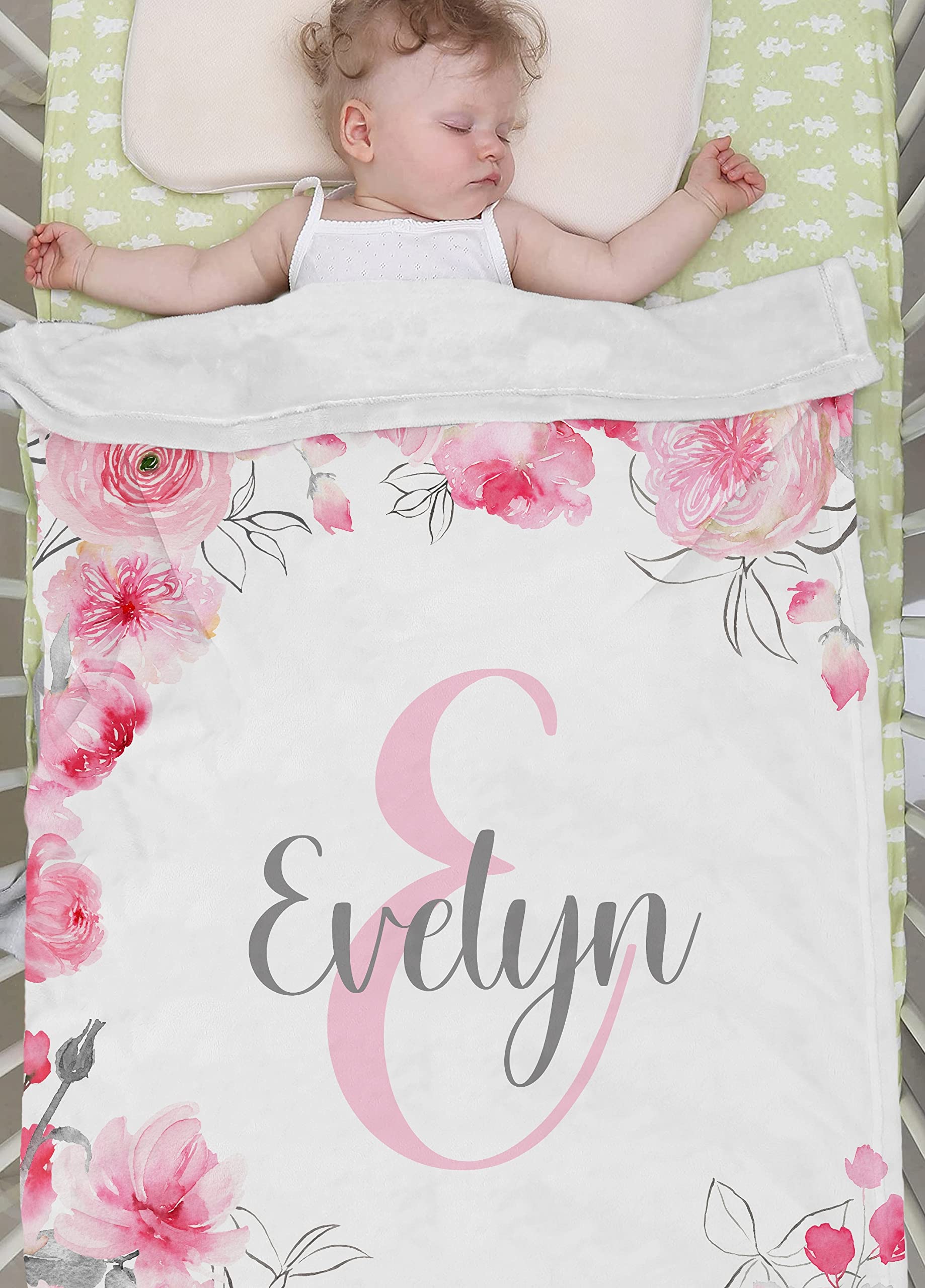 Custom Personalized Baby Blankets for Girls with Name - Pink & Gray Floral Monogram Blanket - Unique Baby Shower Gift for Newborn Girls | Nursery Decor, Christening Present, First Birthday Keepsake