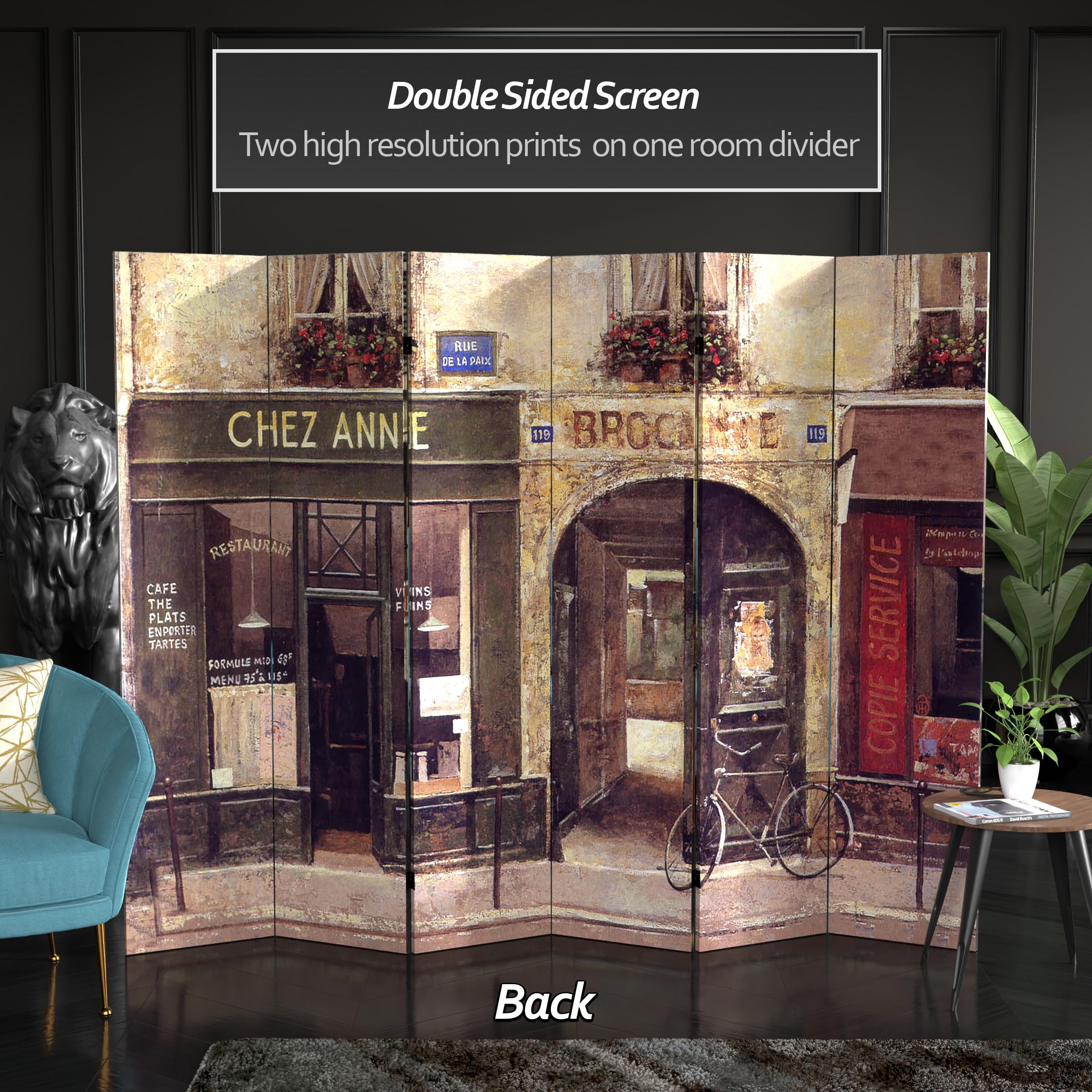 6 ft. Tall Double-Sided Red Lantern French Cafe Canvas Room Divider - 6 Panel Folding Privacy Screen for Home, Office & Wedding Decor