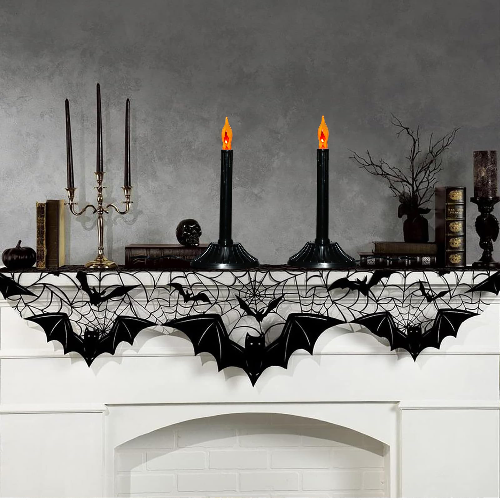 2 Pack Halloween Electric Candle Lamps - Black Window Candle Lights with C18 Orange Flickering Flame Bulbs (Includes 2 Spare Bulbs), Plug-in Flameless Candles for Halloween Decorations, Home, Table, Bar, Party & Holiday Ambiance - Perfect for Spooky Window Displays, Dinner Parties & Seasonal Festivities