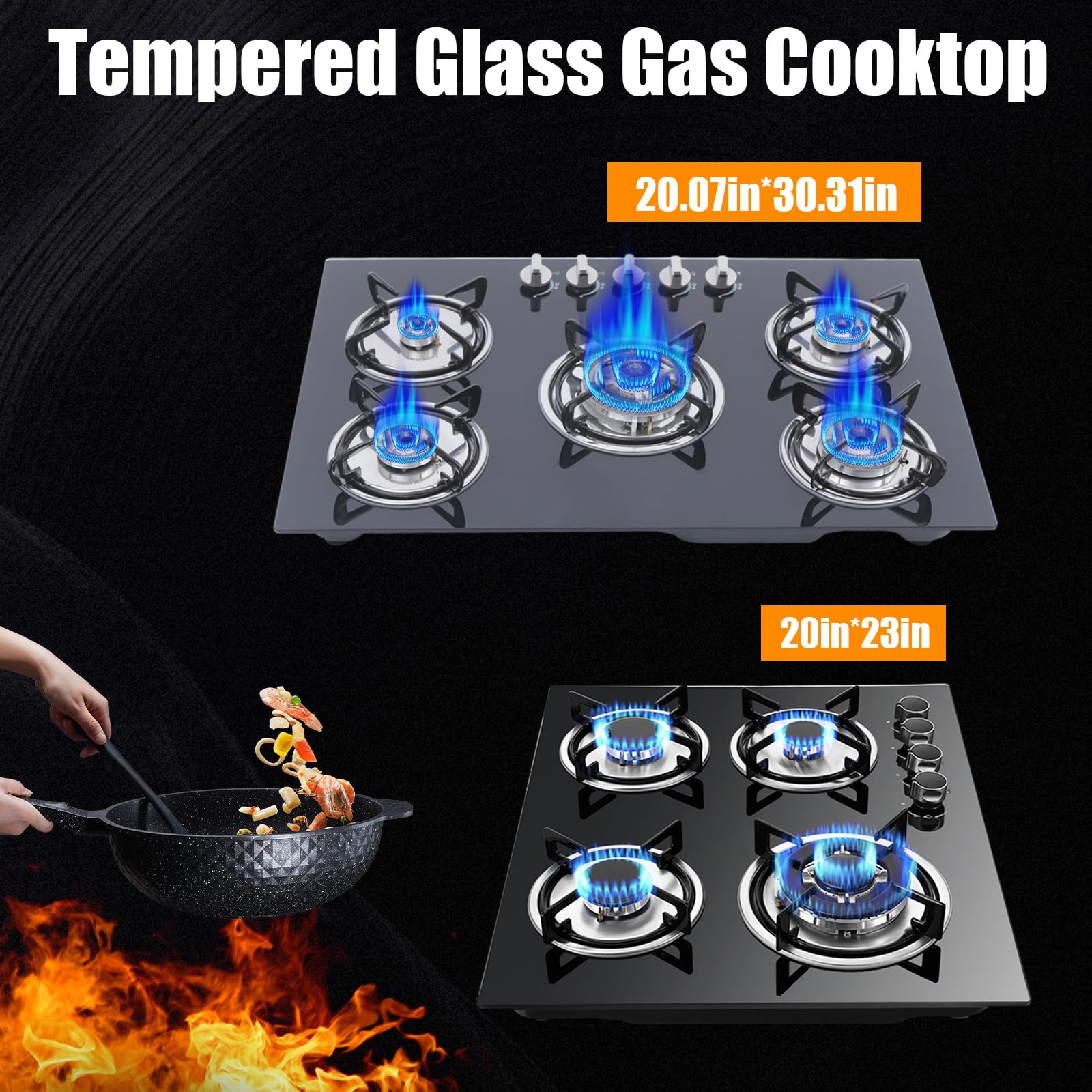 TBVECHI 23 Inch 4 Burner Built-in Gas Cooktop - LPG/NG Compatible Tempered Glass Stove (590x510mm) for Modern Kitchens - Fast US Shipping & Stock