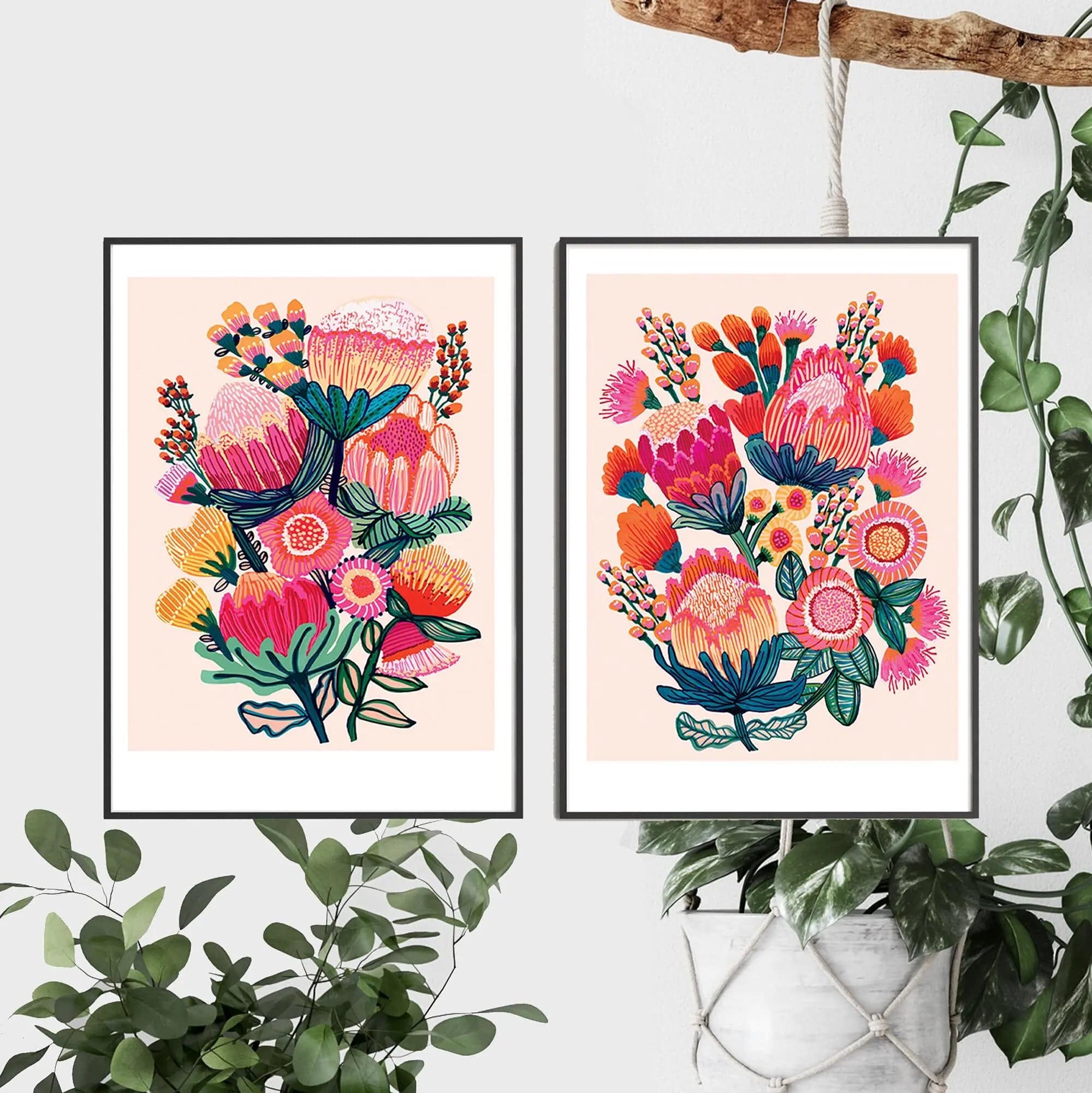 Australian Native Flowers Wall Art Prints - Set of 3 Framed Botanical Paintings for Living Room, Bedroom & Office Decor