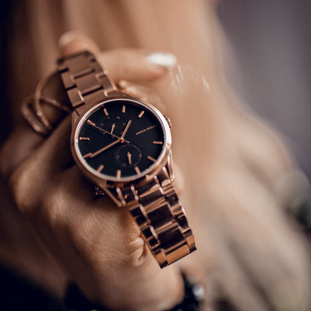 ARIES GOLD ENCHANT LIBERTY Rose Gold Stainless Steel Women's Watch L 5031 RG BK - Elegant Timepiece for Business, Party & Everyday Wear