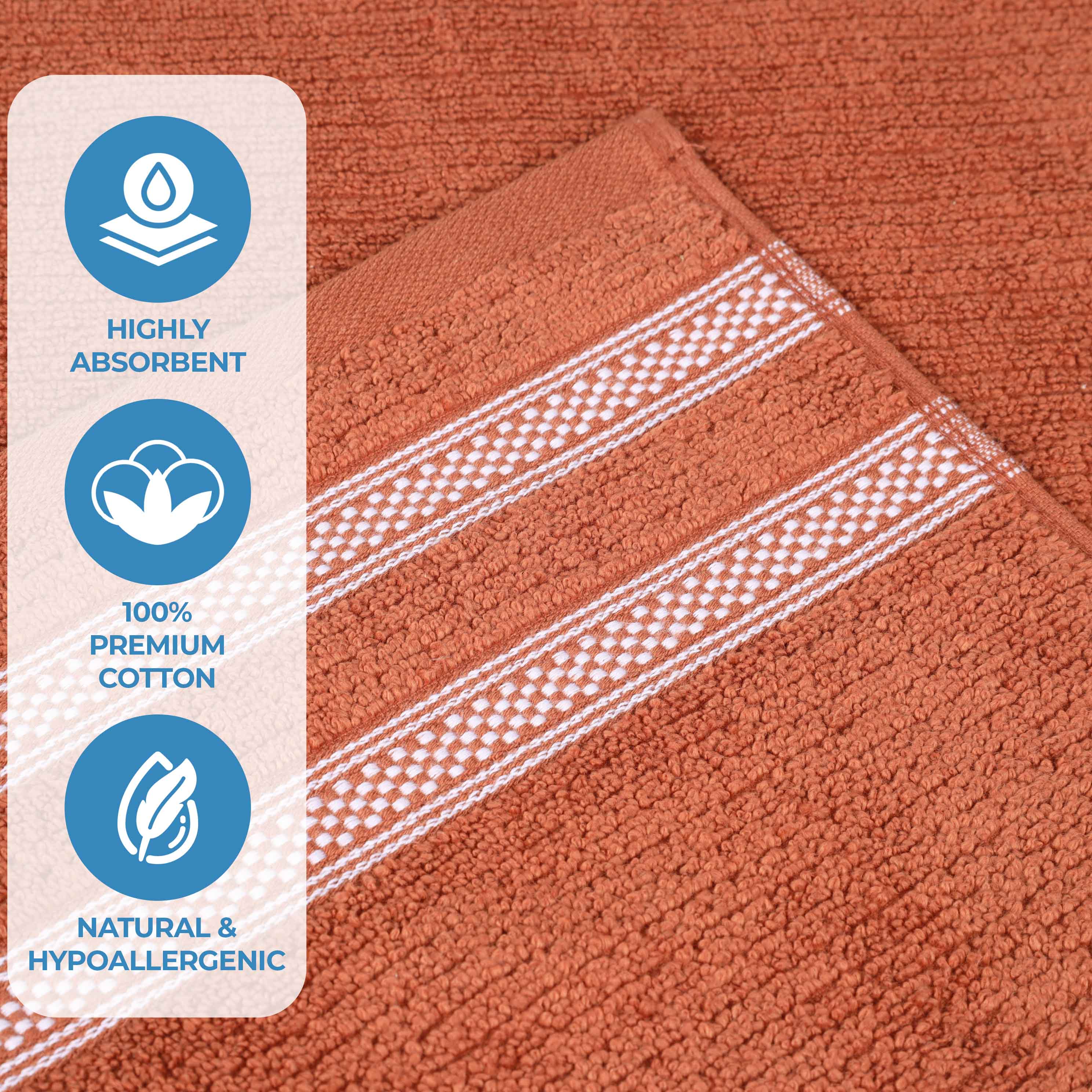 12-Pack Zero Twist Cotton Ribbed Geometric Border Plush Face Towels | Ultra Soft Bath & Hand Towels for Spa, Gym, Travel & Home Use