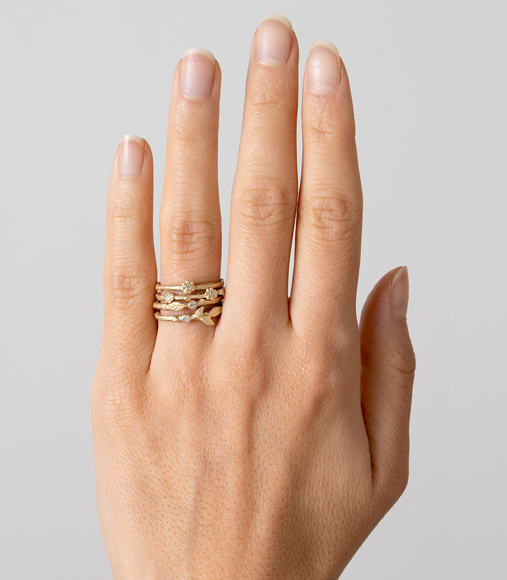 14K Gold Diamond Pod Branch Textured Band Stacking Ring for Women - Elegant Layered Jewelry for Everyday Wear & Special Occasions