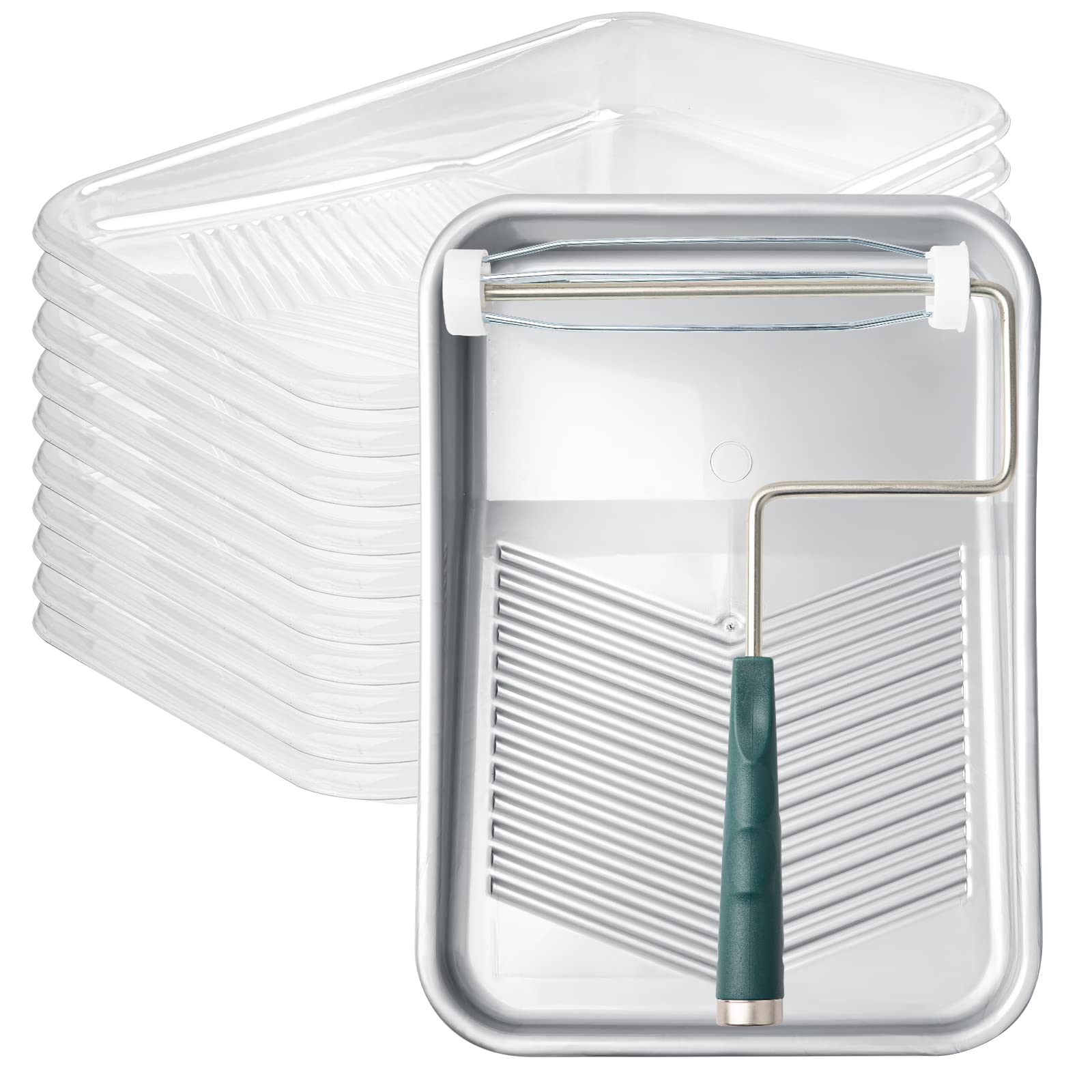 Mister Rui 9 Inch Paint Tray with 10 Disposable Liners & 5 Wire Cage Roller Frames - Large Silver Plastic Paint Roller Tray for Professional & DIY Painting Projects - Perfect for Walls, Ceilings, and Home Renovations