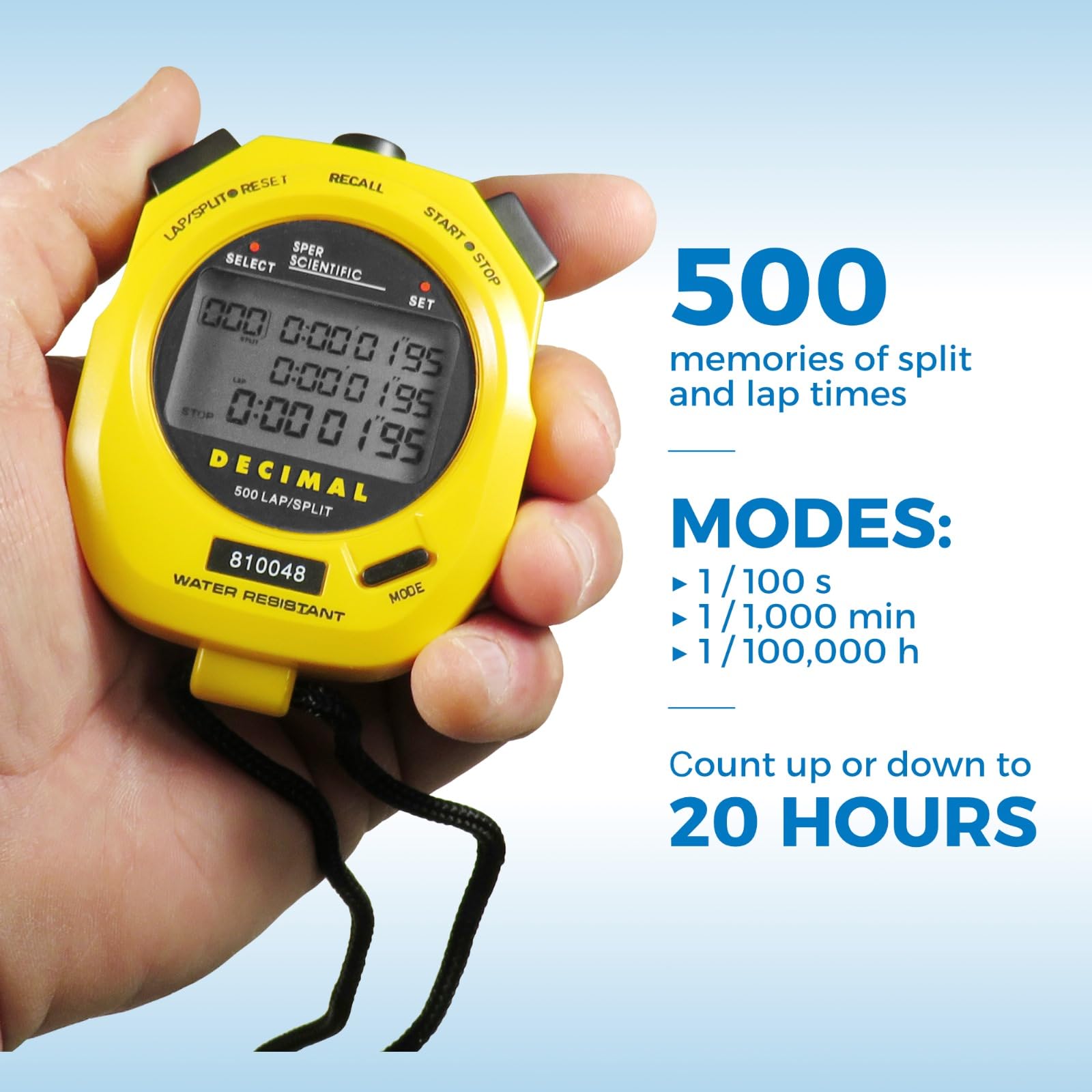 Sper Scientific Waterproof Stopwatch with Decimal Display & Multi-Split Timer - Ideal for Sports Training, Coaching, Industrial Work & Fitness Tracking
