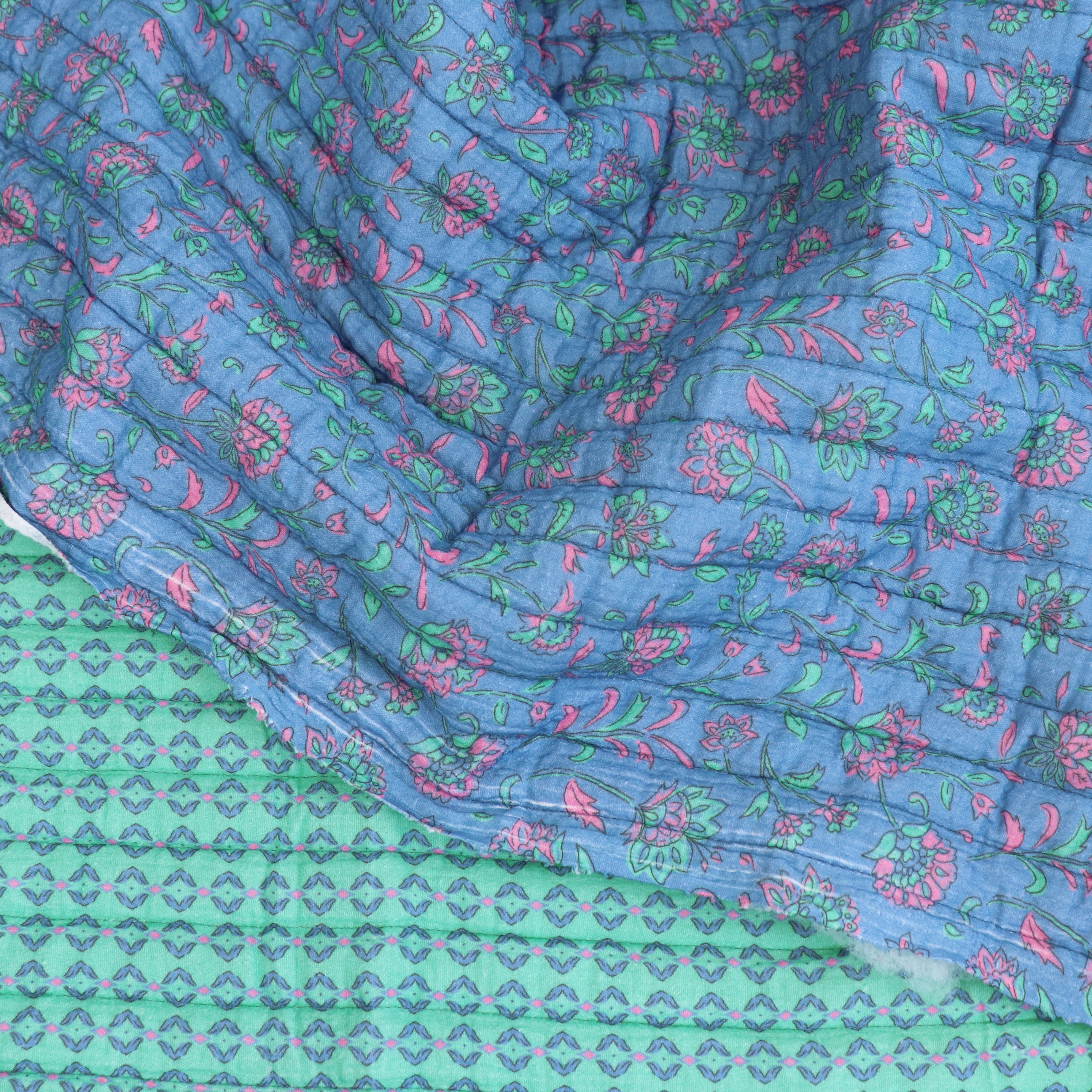 Quilted Double-Sided Fabric - Summer Flowers Design in Blue & Green | Perfect for DIY Quilting, Home Decor, and Craft Projects