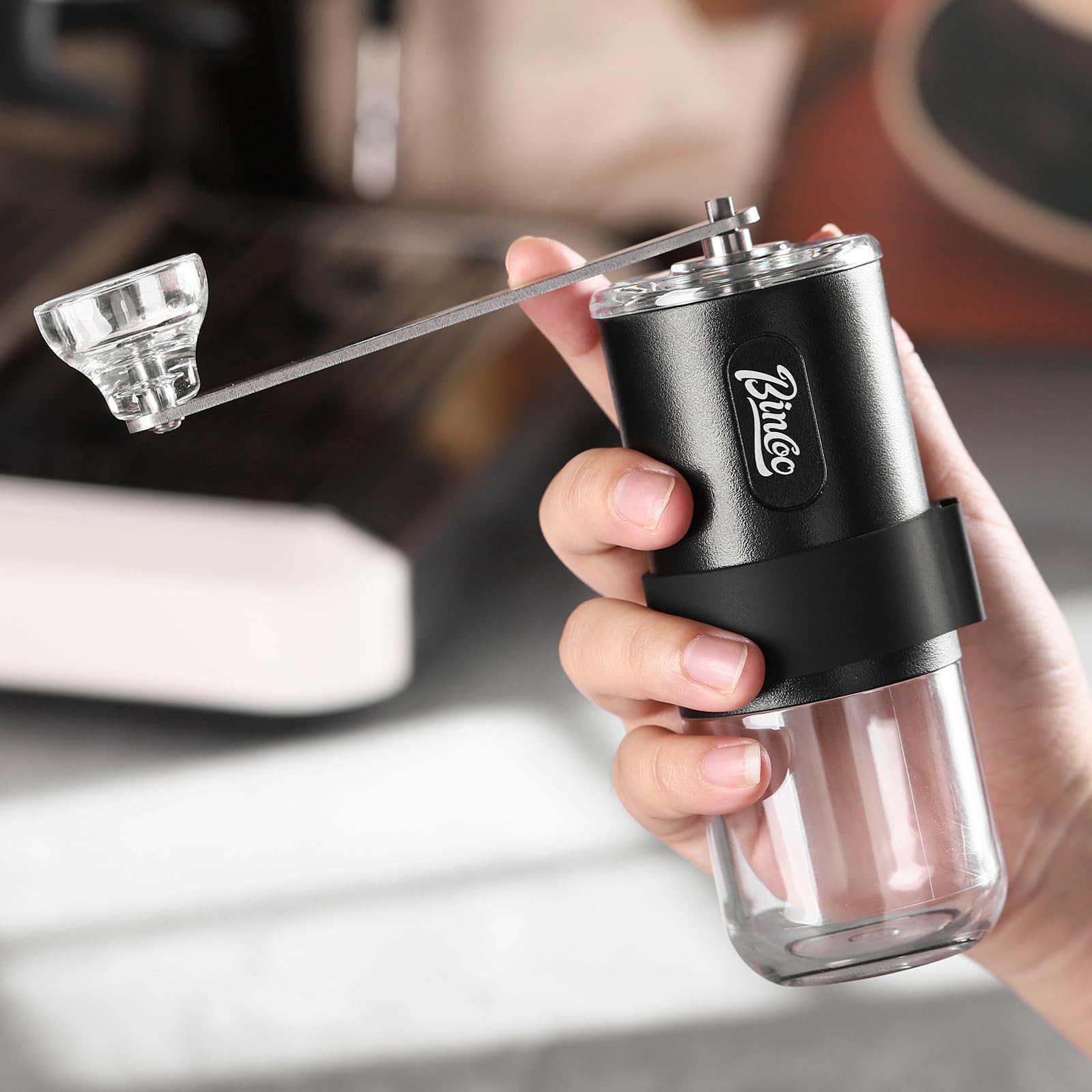 Bincoo Portable Manual Coffee Grinder with Conical Ceramic Burr - Adjustable Coarseness, Foldable Design for Travel, Camping & Outdoor Use (Black) | Perfect for Home Brewing, Office & Backpacking Adventures