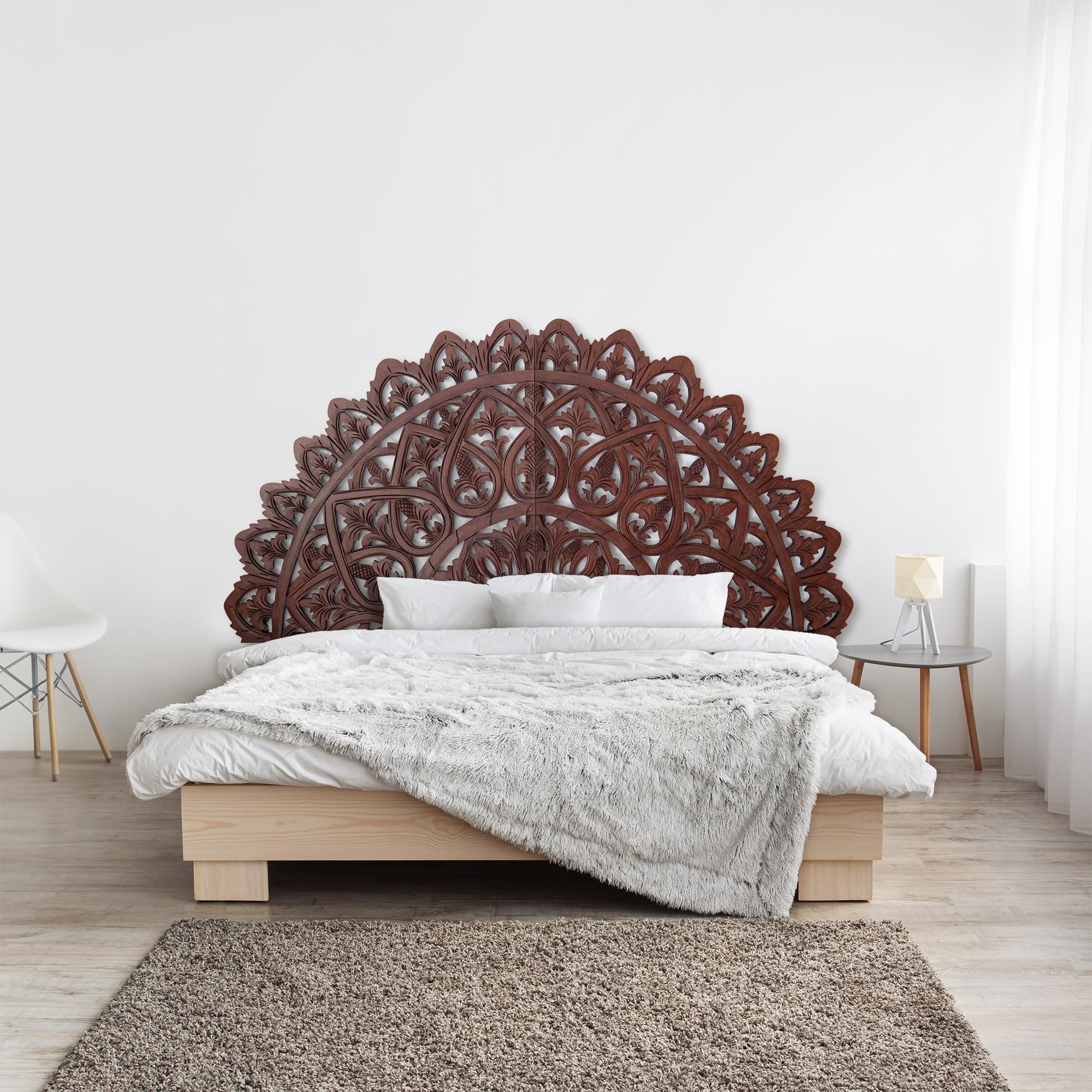 Rustic Half Moon King Wood Headboard - Carved Mahkota Dark Brown for Cal King Bed | Bedroom Decor