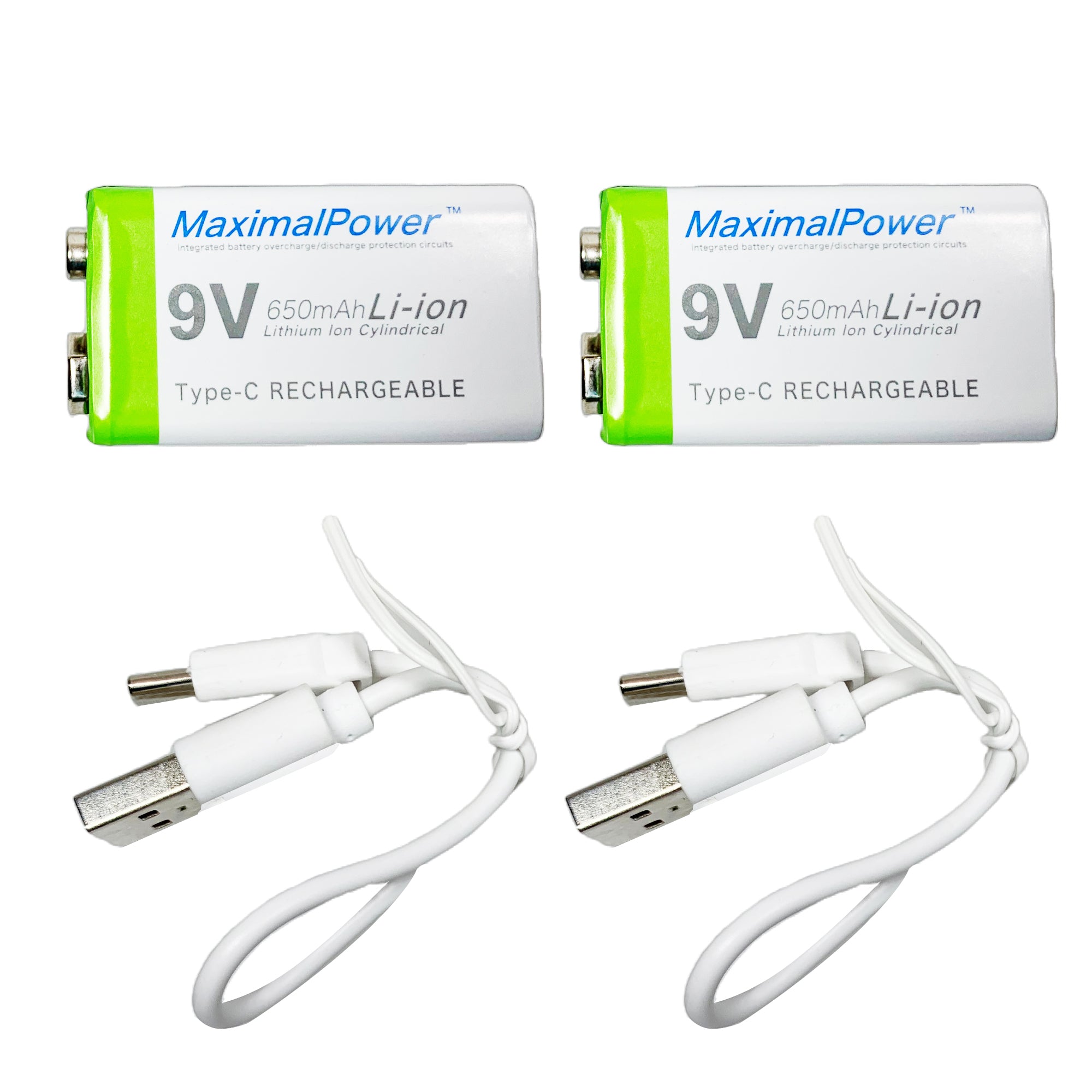 9V 650mAh Rechargeable Lithium Ion Battery with USB Type C Cable - Power for Guitar Pedals, Smoke Detectors & Electronic Devices