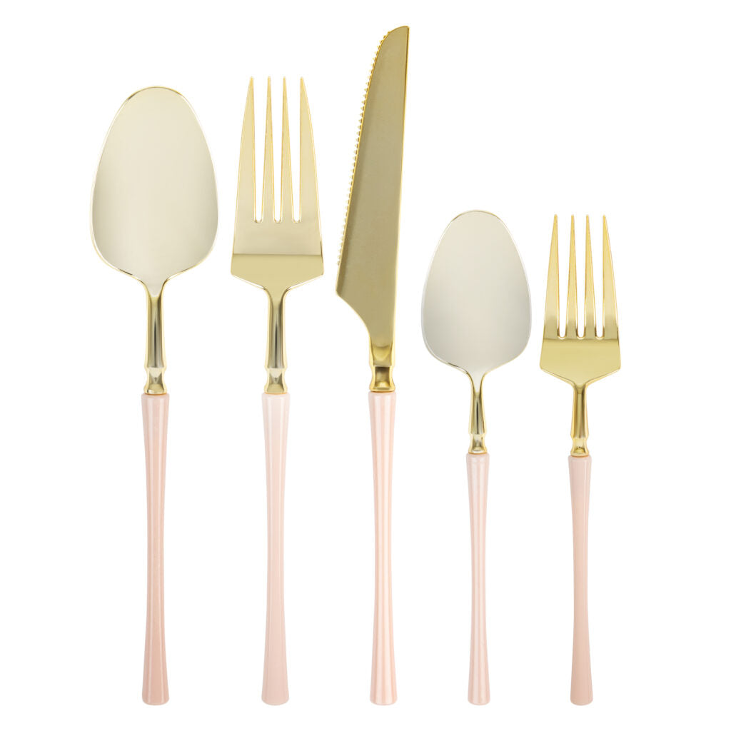 Pink and Gold Disposable Plastic Party Tableware Set - 15-Piece Elegant Dinnerware Bundle for Birthday, Wedding & Special Events