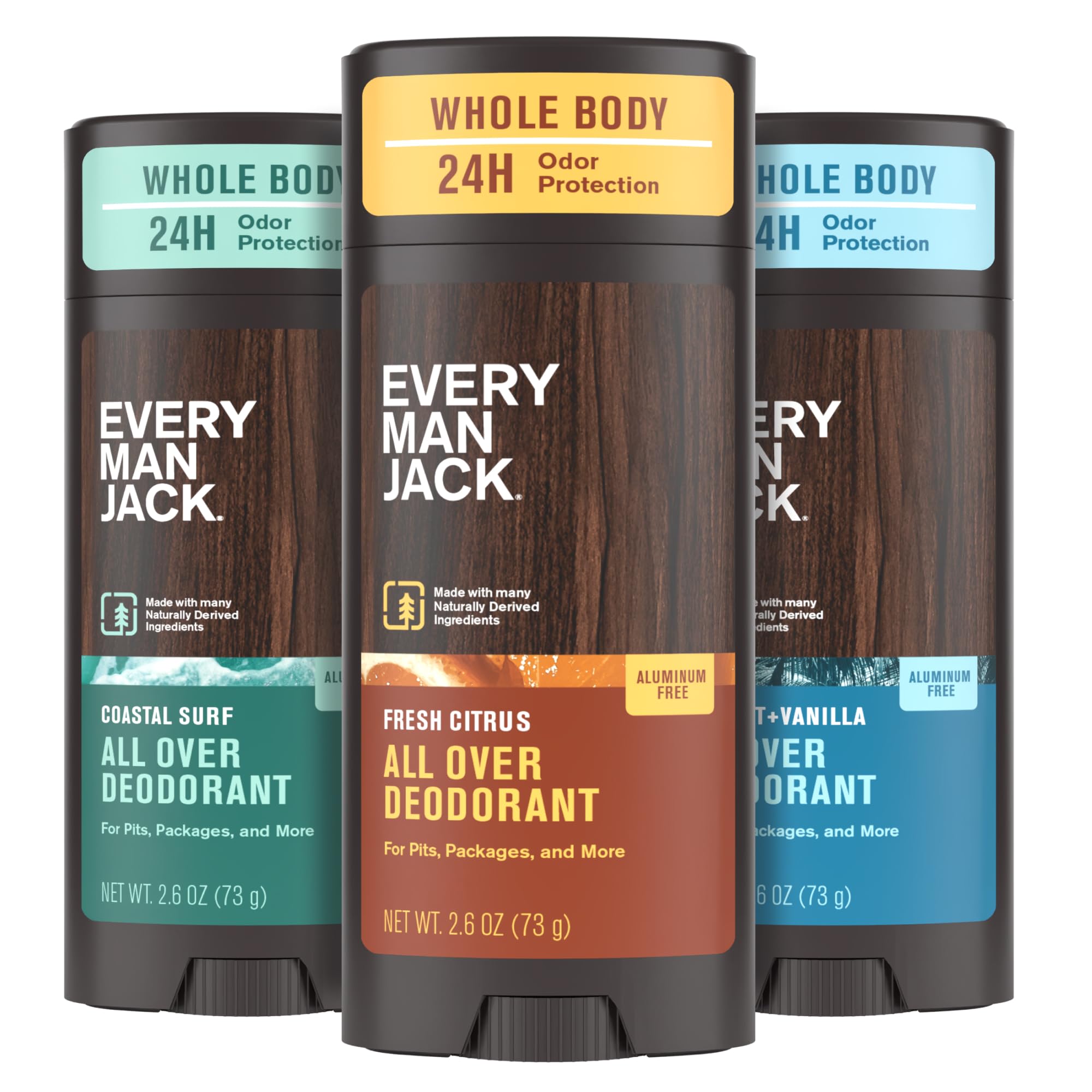 Every Man Jack All Over Deodorant Variety Pack - 24 Hour Aluminum Free Body Odor Protection - 3 Pack (Fresh Citrus, Coastal Surf, Coconut Vanilla) - 2.6 oz Each - Perfect for Gym, Travel & Daily Freshness