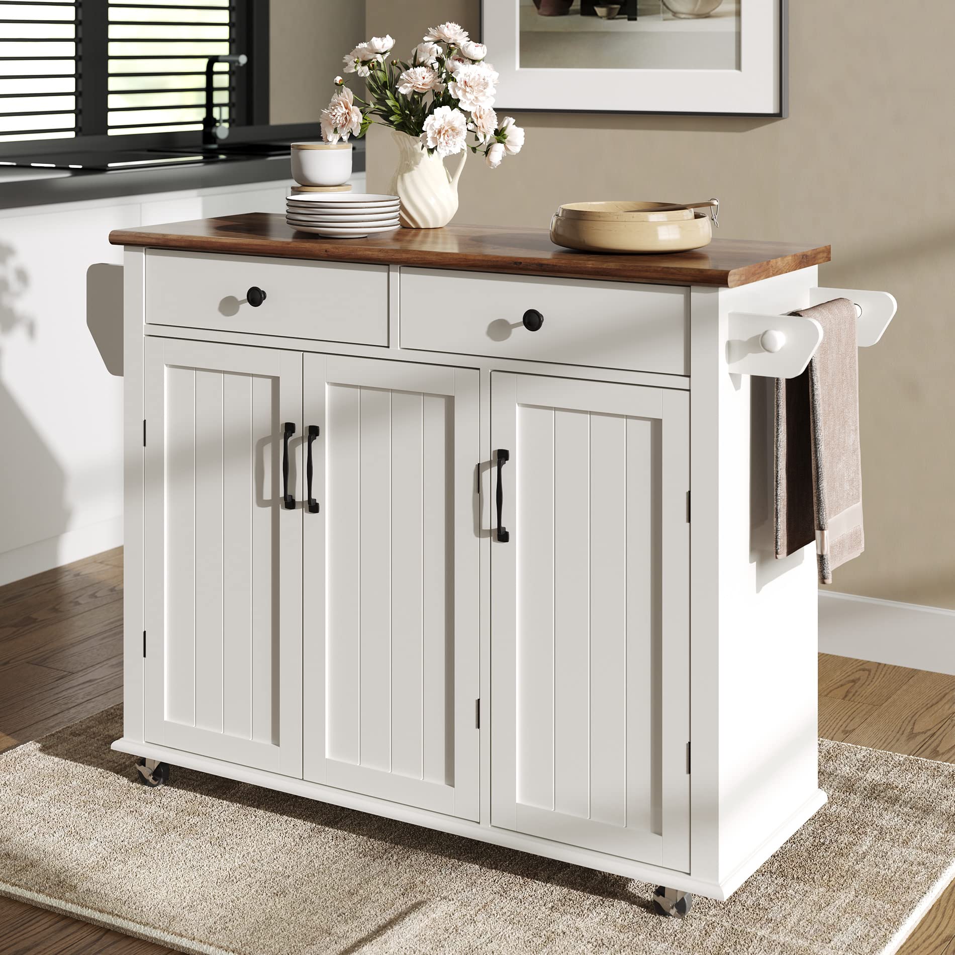 WAMPAT Rolling Kitchen Cart with Drawers and Cabinet - Stainless Steel Mobile Kitchen Island with Spice Rack & Towel Holder | Perfect for Small Spaces, Apartment Cooking & Extra Countertop Storage