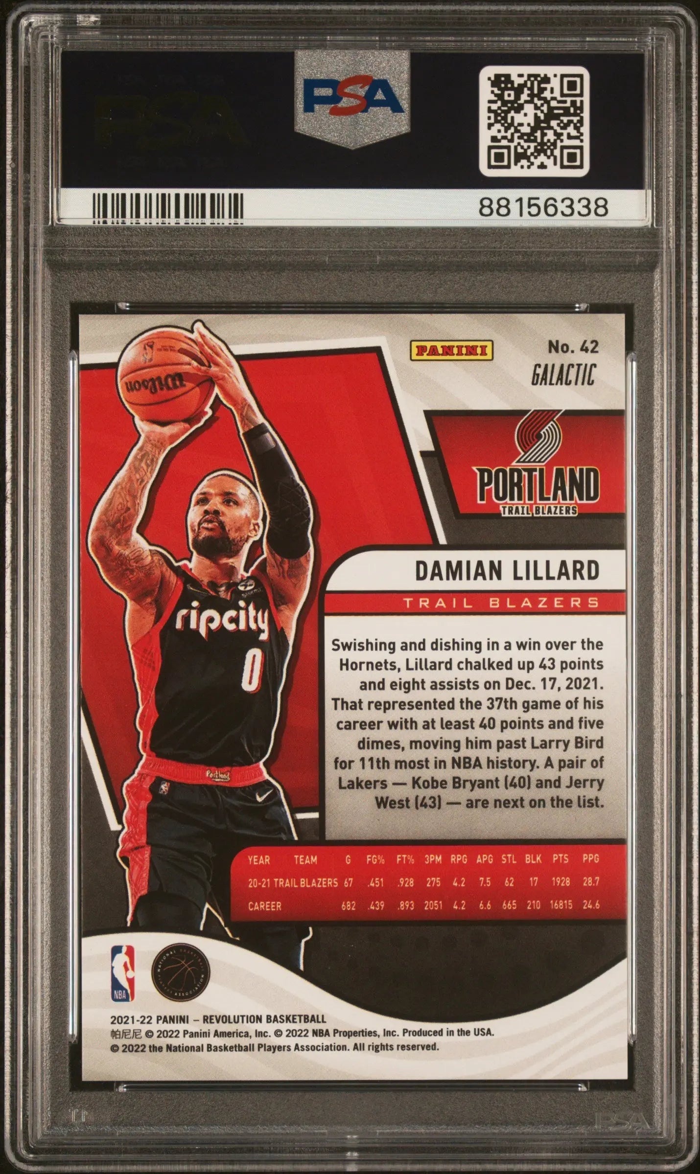 2021 Panini Revolution PSA 10 Damian Lillard Galactic #42 Basketball Trading Card - Perfect for Collectors, Investors & NBA Fans - Display in Home, Office or Man Cave