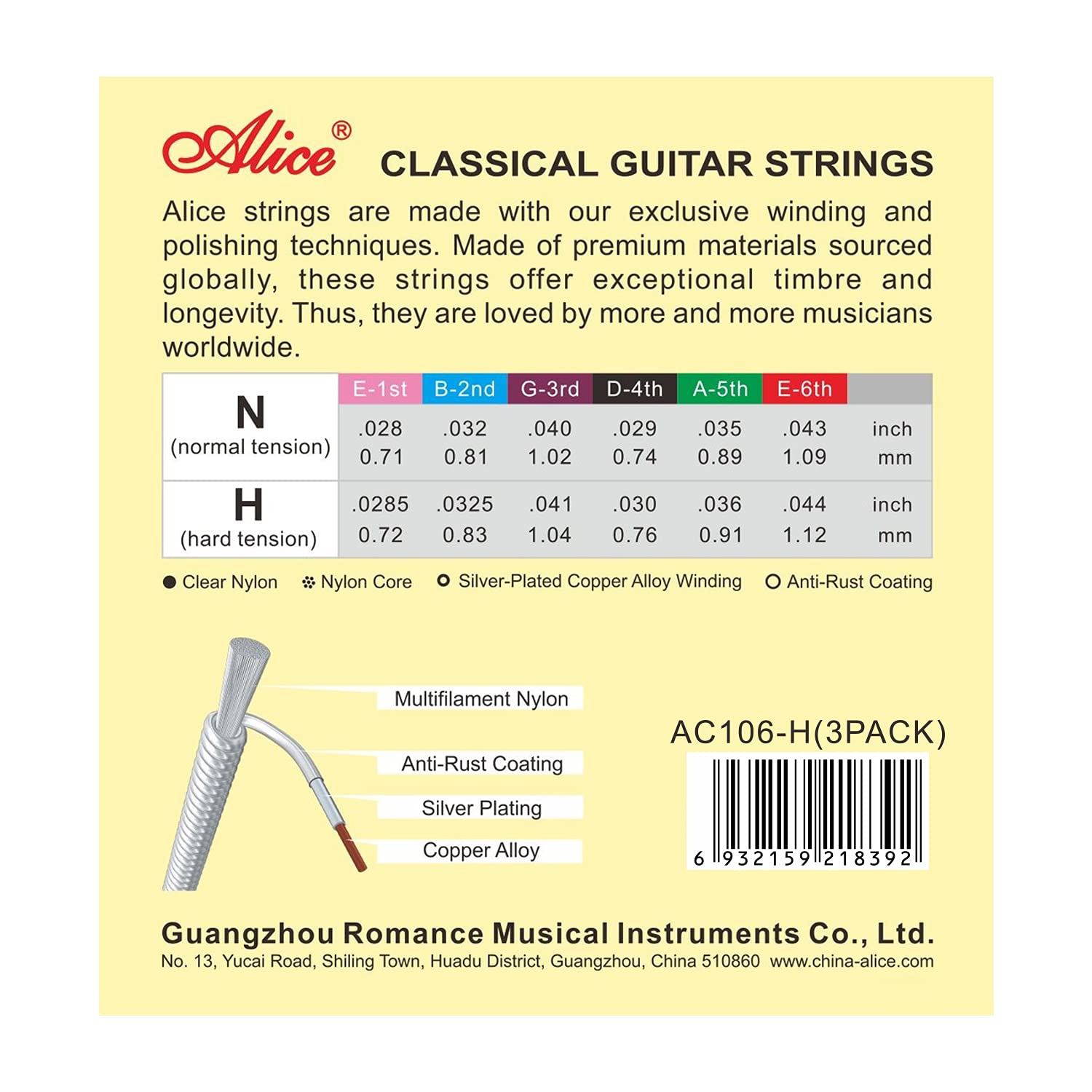 Alice 3-Pack Nylon Classical Guitar Strings Set - 6 Silver Plated Copper Alloy Wound Strings with Nylon Core - Hard Tension (0285-044) for Professional & Beginner Guitarists - Perfect for Classical, Flamenco & Acoustic Performances