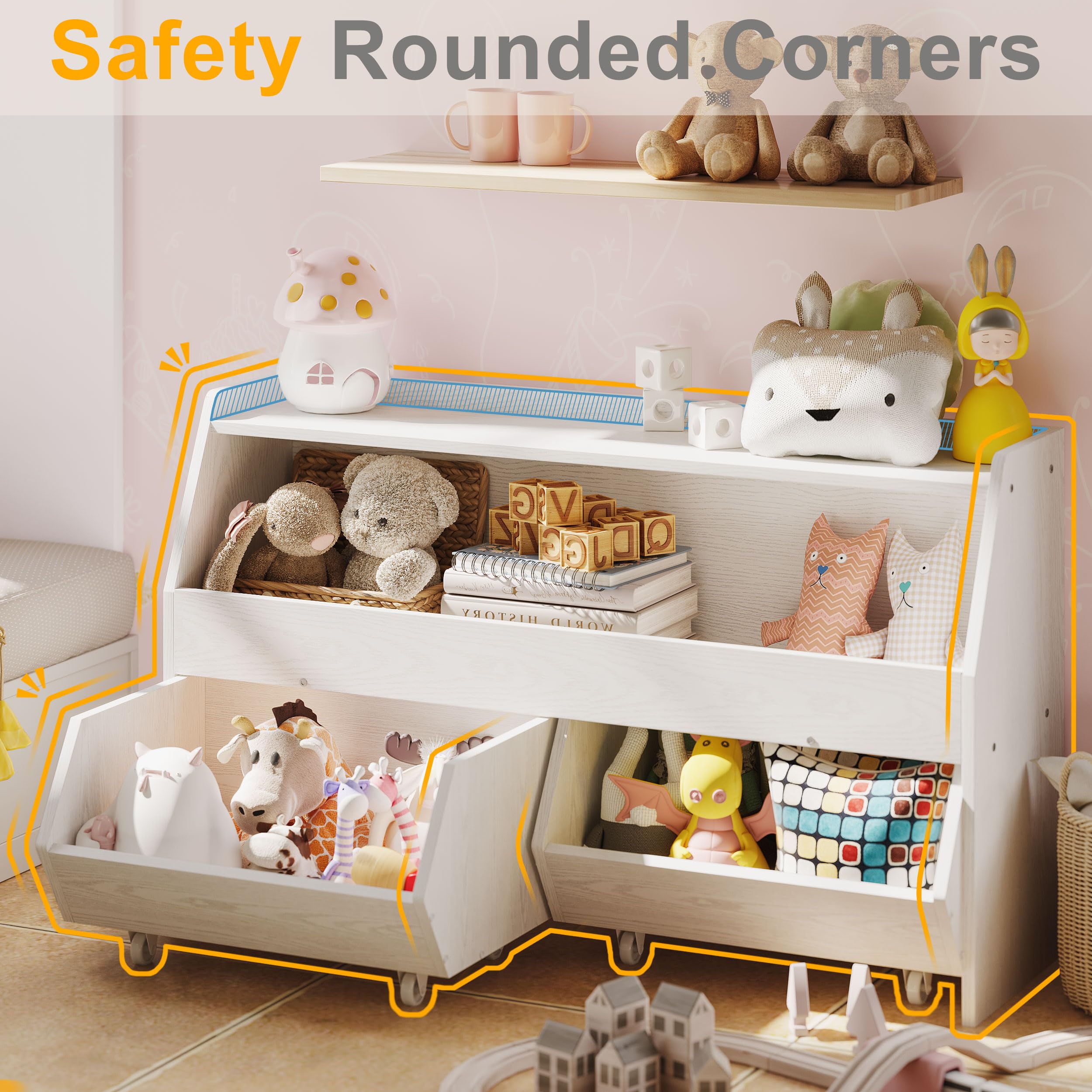 **Kids Toy Storage Organizer with Wheels & Drawers - Multifunctional Toy Cabinet & Bookshelf for Nursery, Playroom, Bedroom - White | Perfect for Organizing Toys, Books & More**