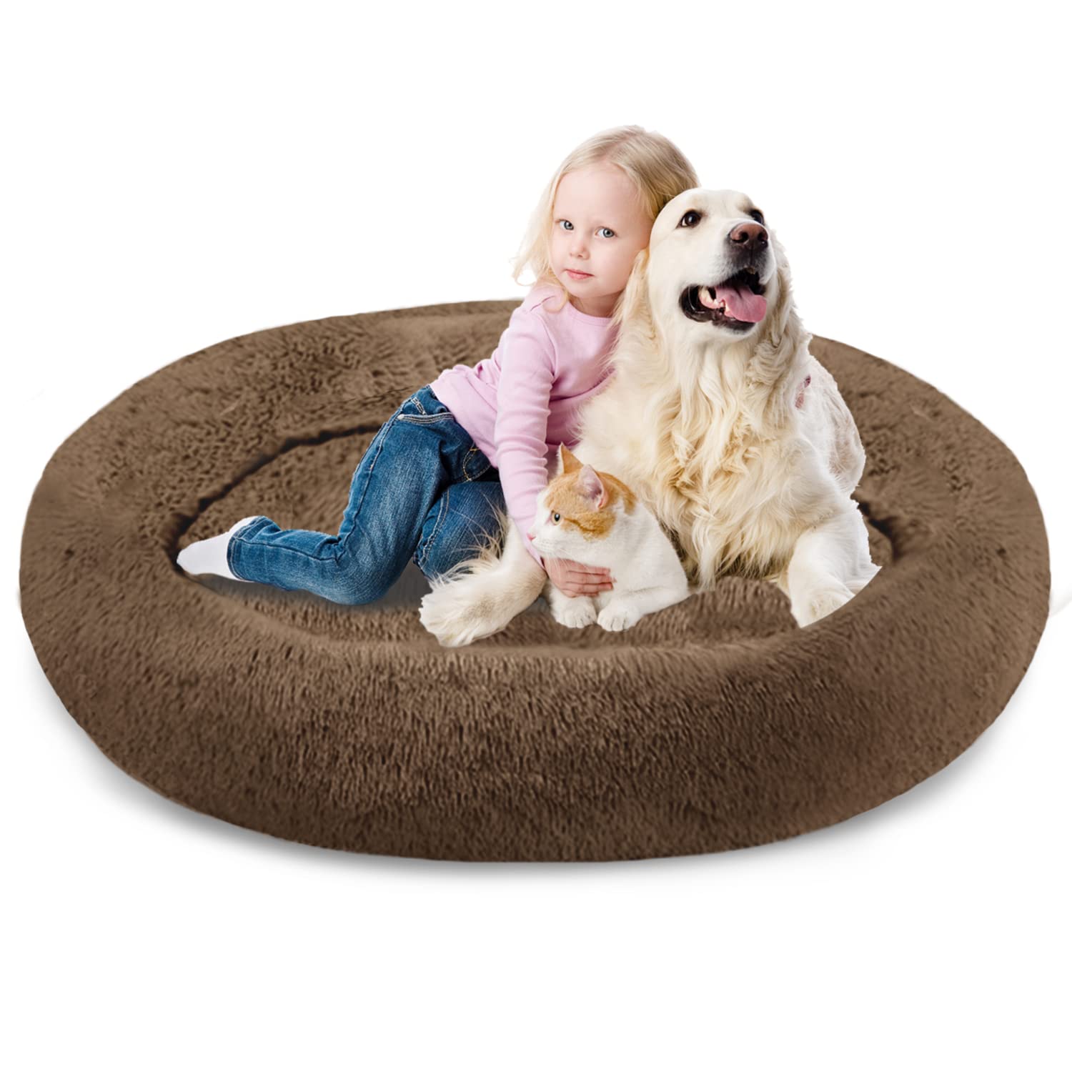 SAVFOX Plush Calming Donut Dog Bed for Small, Medium, Large & X-Large Dogs - Ultra Soft Faux Fur Washable Pet Bed for Cats & Dogs (XS-XXL) - Perfect for Anxiety Relief, Cuddling & Cozy Napping in Living Room or Bedroom