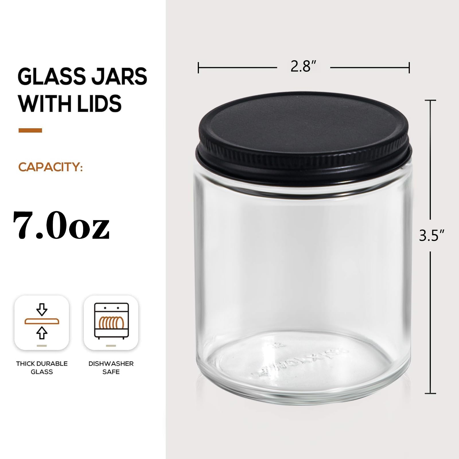 24 Pack 7oz Clear Glass Candle Jars with Lids - Thick Empty Candle Containers for DIY Candles, Spice Storage & Sample Jars - Dishwasher Safe - Perfect for Home Decor, Wedding Favors & Craft Projects
