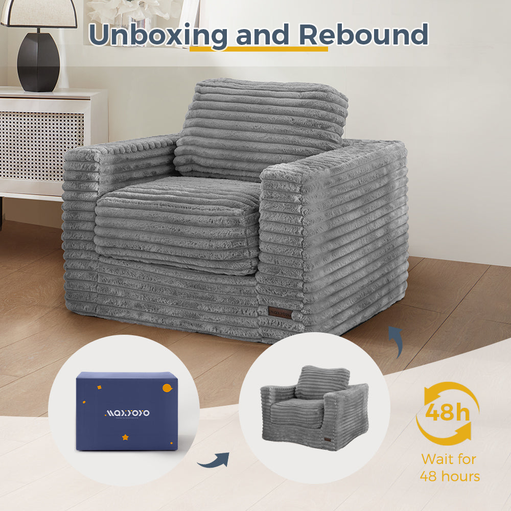MAXYOYO Oversized Bean Bag Chair - Grey Striped Faux Fur Floor Sofa with Removable Pillows & Armrests - Perfect for Living Room, Bedroom, Game Room and Dorm Lounge