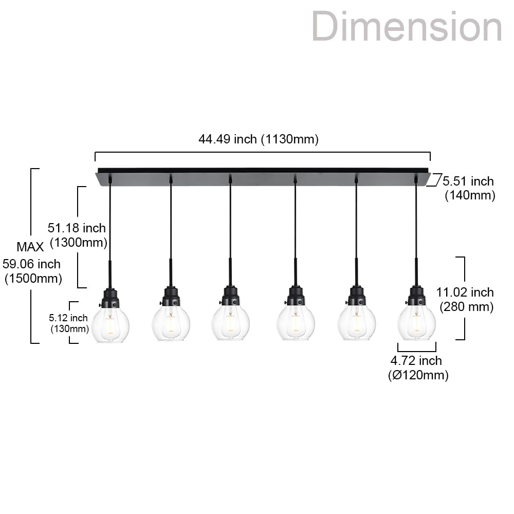 VINLUZ 6-Light Adjustable Black Rustic Farmhouse Pendant Lighting with Clear Glass Shade - Kitchen Island Chandelier for Dining Room, Cafe & Bar Ceiling Decor