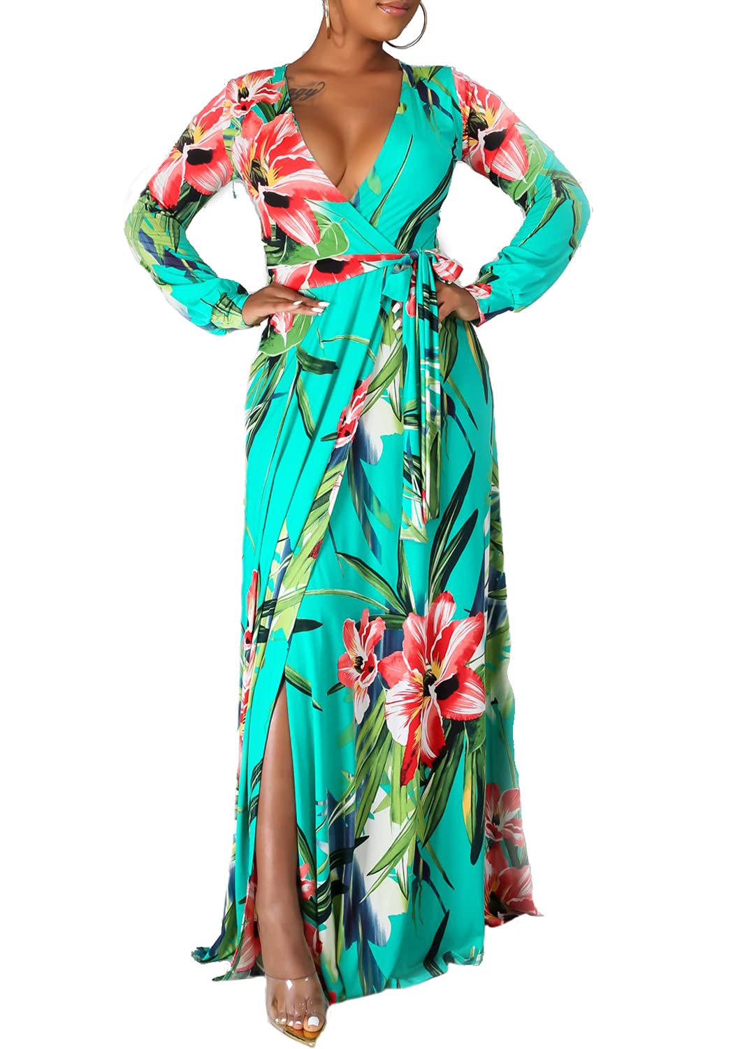 JTNFairy Women's Casual Floral Print Long Maxi Dress - Plus Size Summer Beach Dress, Boho Party Outfit for Vacation, Wedding & Date Night