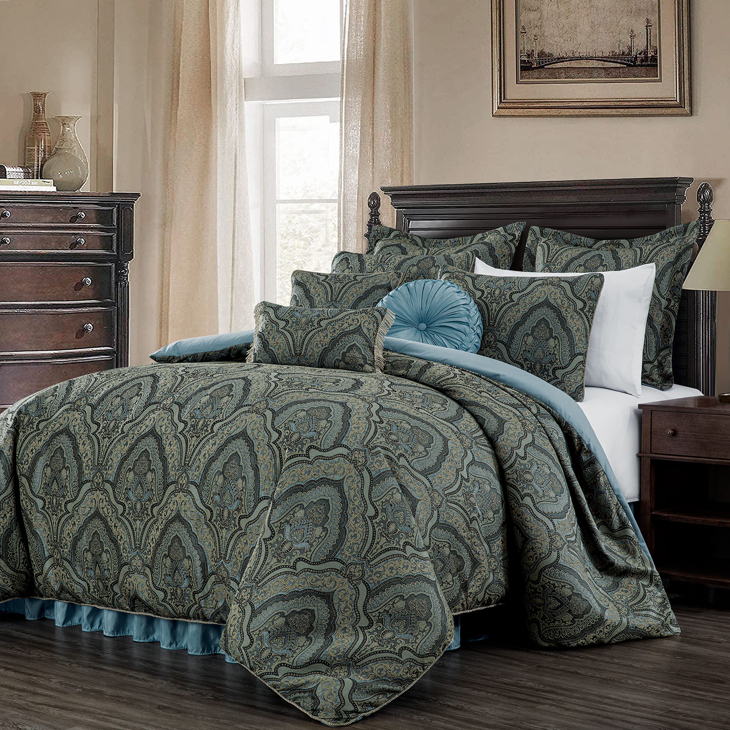 Chezmoi Collection Seville 9-Piece Jacquard Blue Gold Medallion Paisley Comforter Bedding Set - Queen Size Luxury Bedding for Master Bedroom & Guest Room