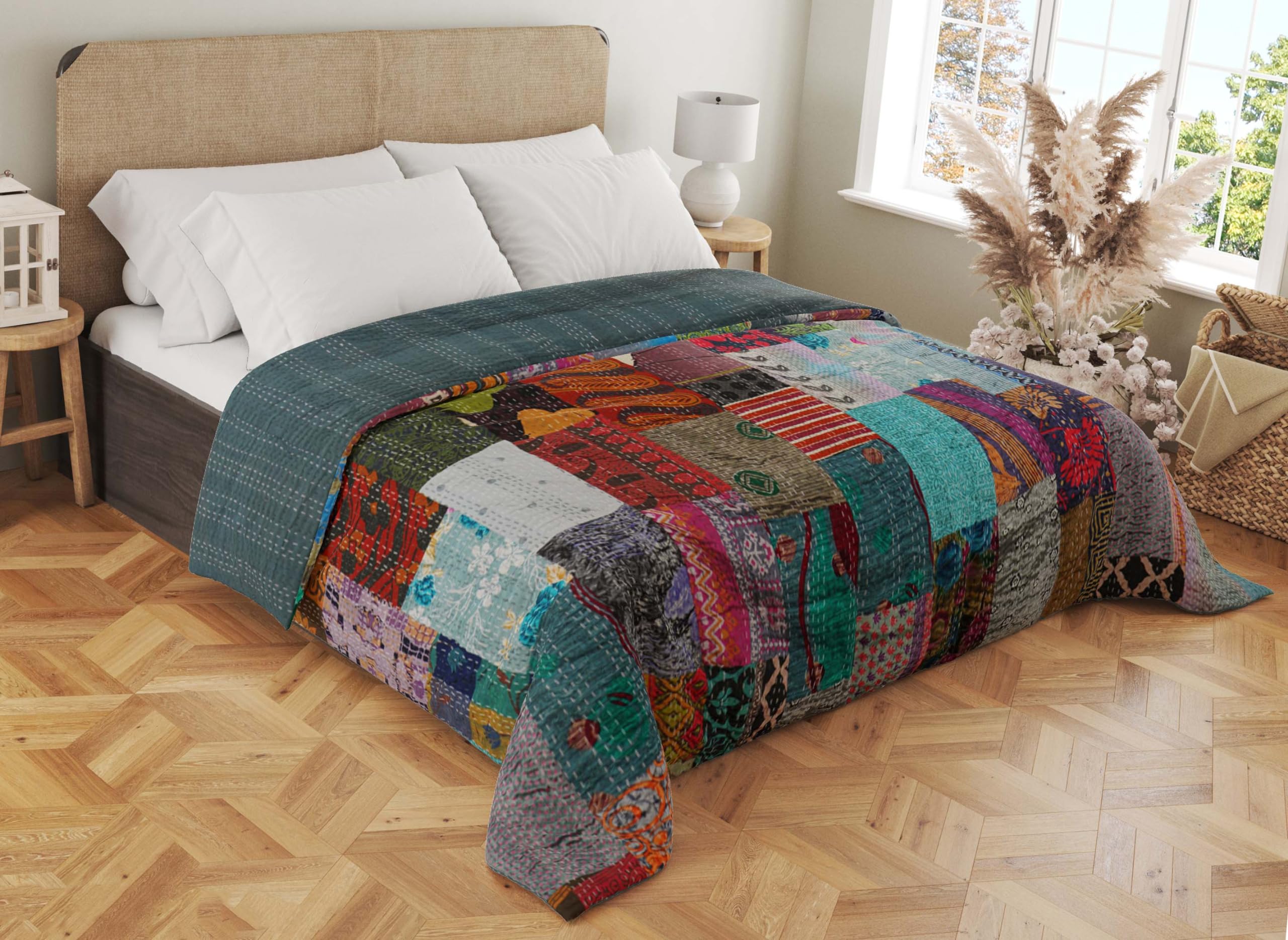 Marubhumi Handmade Indian Cotton Quilt - Reversible Vintage Kantha Blanket with Silk Sari Patchwork, Grey Queen Size 90x108 Inches | Boho Bedspread, Sofa Throw, Yoga Meditation Cover
