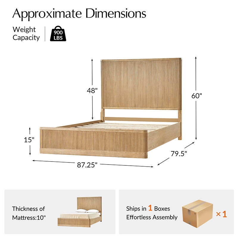 Modern Fluted Solid Wood Bed with Oak Texture – Elegant & Durable Bedroom Furniture for Home Decor | Perfect for Master Bedroom, Guest Room & Apartment