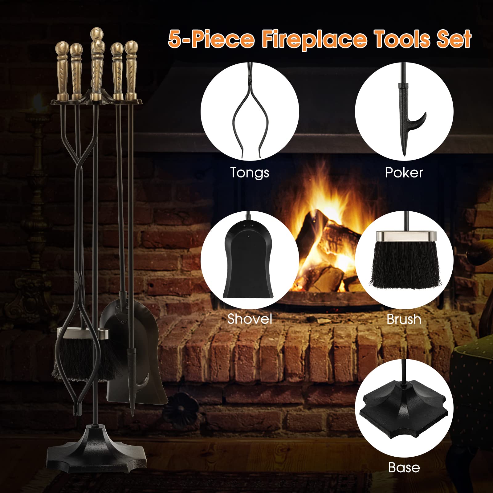 Tangkula 5-Piece Heavy Duty Fireplace Tool Set with Stand - Fireplace Tongs, Brush, Shovel, Poker & Hanger - Ergonomic Handle Black Fireplace Accessories for Wood Stove, Fire Pit & Hearth Maintenance