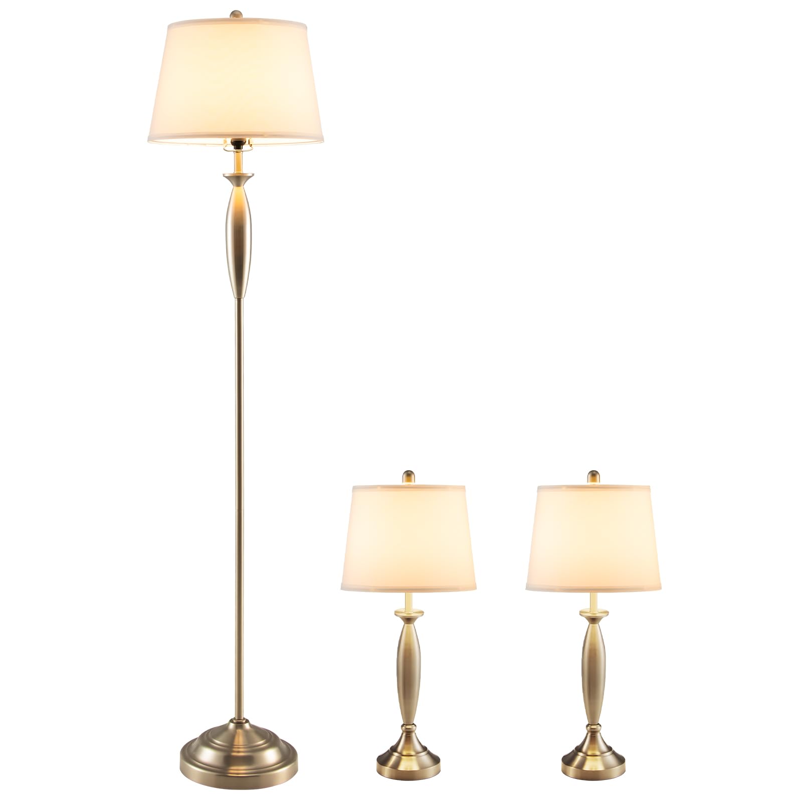 3-Piece Vintage Style Lamp Set with Antique Nickel Finish - 2 Table Lamps & 1 Floor Lamp with Fabric Shades for Living Room, Bedroom, Study | Elegant Home Lighting Decor for Cozy Reading Nook, Office Workspace and Romantic Bedroom Ambience