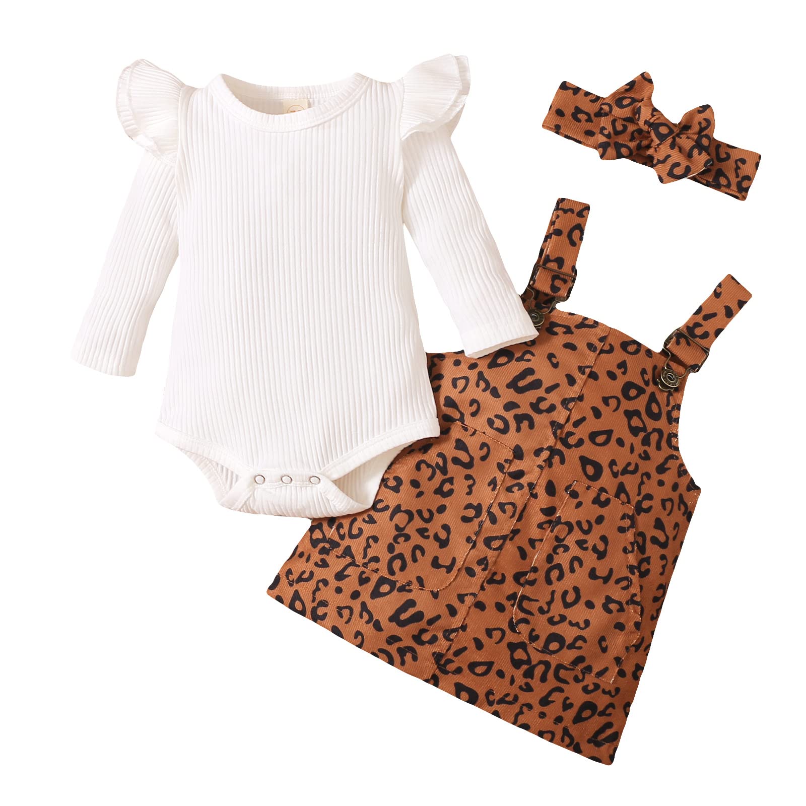 Newborn Baby Girl Outfit - Ruffle Long Sleeve Ribbed Romper with Suspenders & Headband | Fall Winter Toddler Dress Set | Perfect for Holidays, Photoshoots & Special Occasions